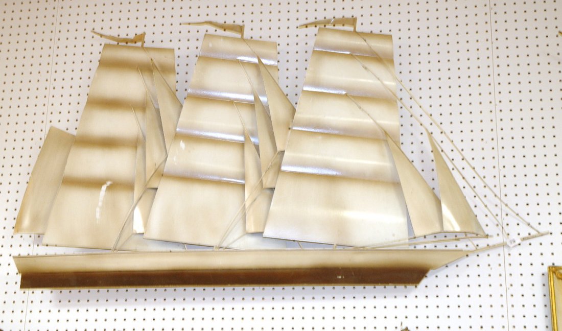 C JERE Painted Sailboat Sailing Ship Wall Sculptu: C JERE Painted Sailboat Sailing Ship Wall Sculpture. Signed.-- Dimensions: H: 29 inches: W: 56 inches ---