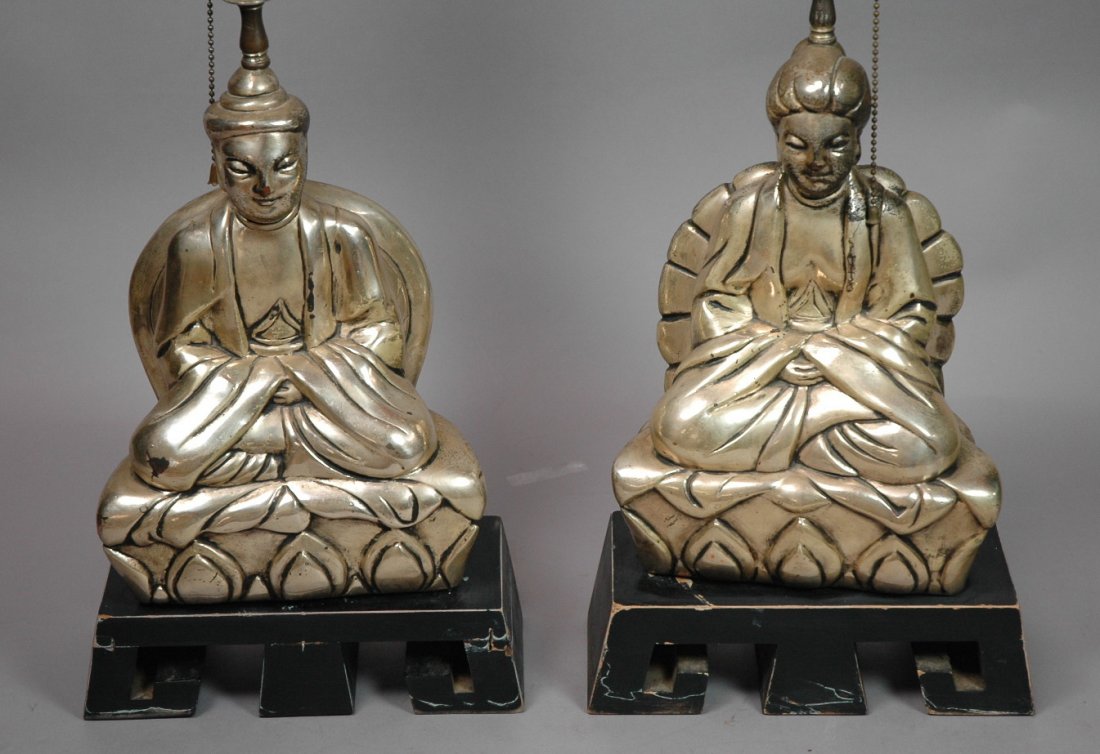 Pr JAMES MONT style Table Lamps. Seated Oriental: Pr JAMES MONT style Table Lamps. Seated Oriental figures on wood base. 2 pcs. -- Dimensions: H: 26 inches: W: 10 inches: D: 4.5 inches ---