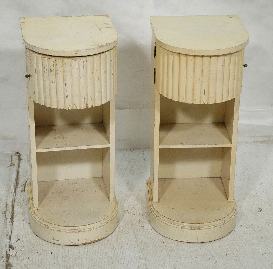 Pr KITTINGER Column Front End Table Night Stands.: Pr KITTINGER Column Front End Table Night Stands. Tall Narrow Stands. One column front drawer. Metal tag. -- Dimensions: H: 29.5 inches: W: 14 inches: D: 15 inches ---