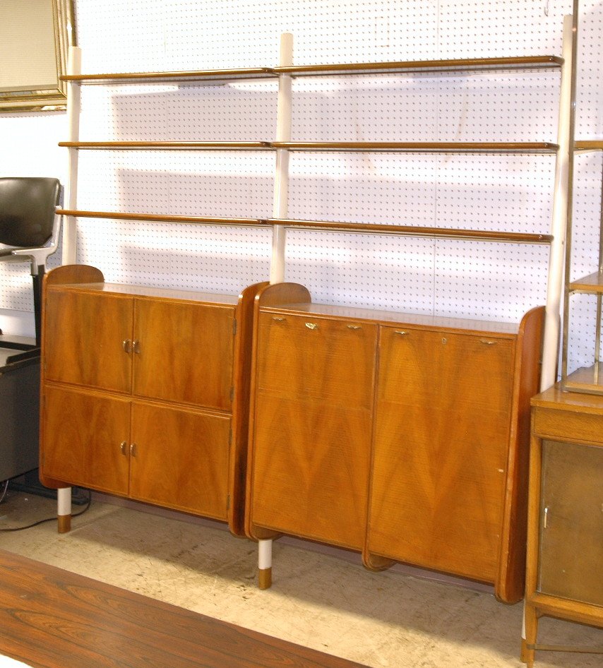 Tall Shelf & Cabinet Wall Unit. Two vertical tamb: Tall Shelf & Cabinet Wall Unit. Two vertical tambour doors. Two 2 Door Cabinets. Three cream lacquered wood upright supports. Six wood shelves. -- Dimensions: H: 85 inches: W: 84 inches: D: 15 inches 