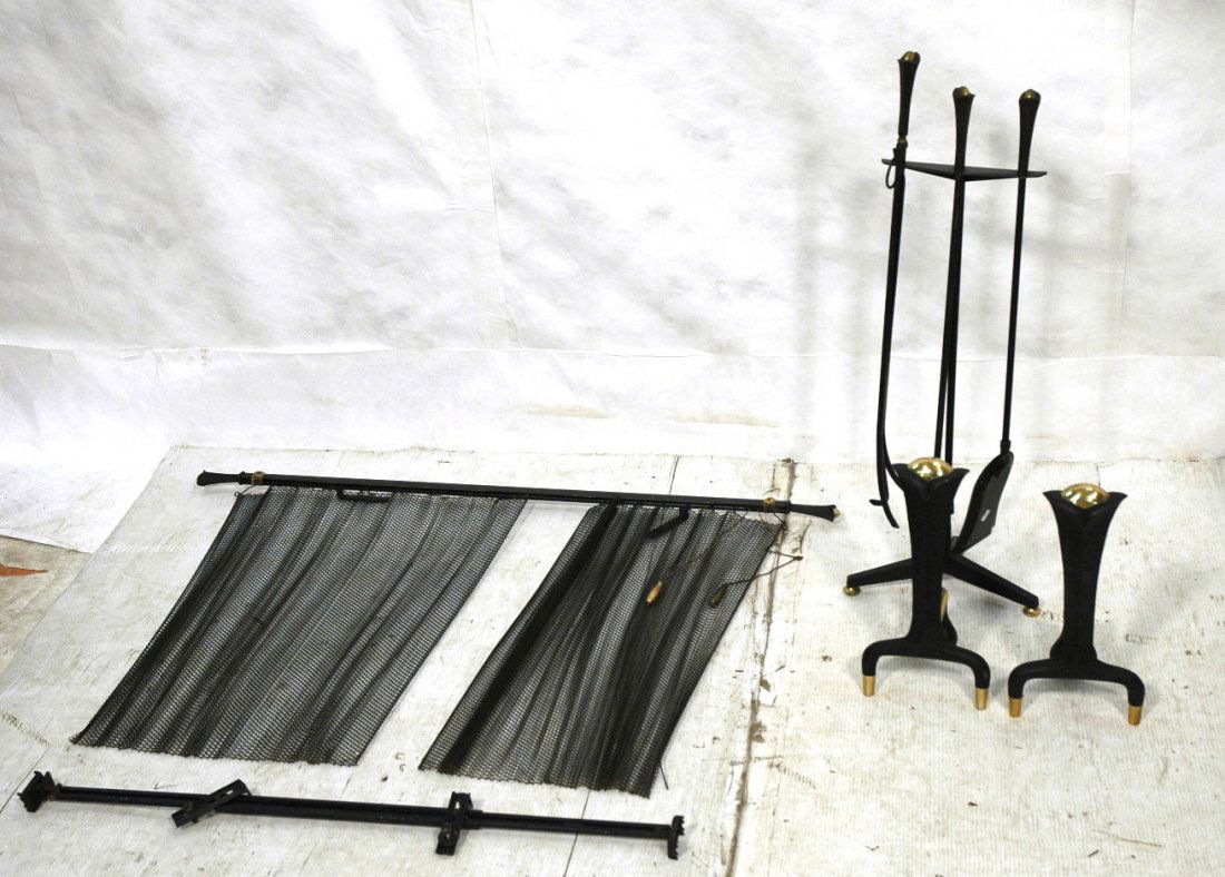 DONALD DESKEY Iron & Brass Fireplace Set. Screen,: DONALD DESKEY Iron & Brass Fireplace Set. Screen, andirons, tools & holder. -- Dimensions: H: 33 inches: W: 12 inches: D: 6 inches ---