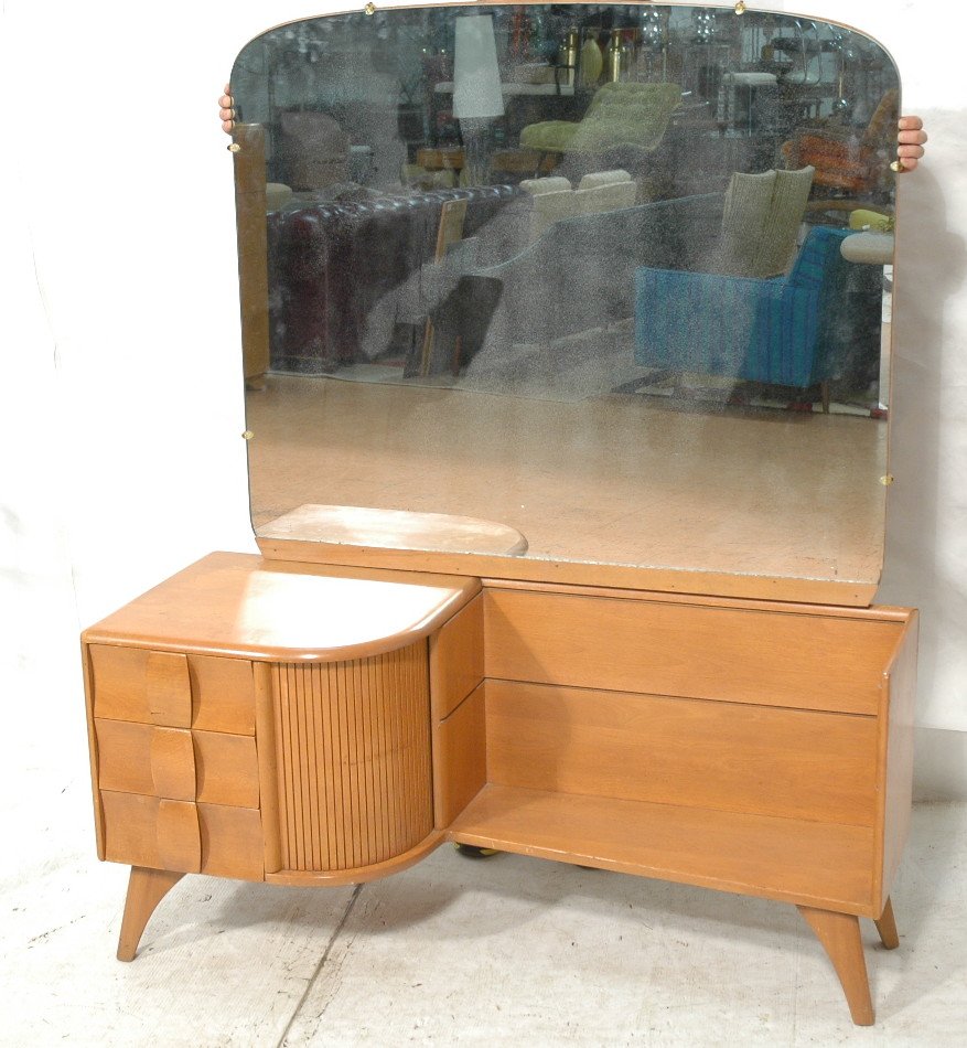 HEYWOOD WAKEFIELD Vanity & Mirror. Three Drawers.: HEYWOOD WAKEFIELD Vanity & Mirror. Three Drawers. Tambour door. Champagne. -- Dimensions: H: 59 inches: W: 50 inches: D: 18.5 inches ---