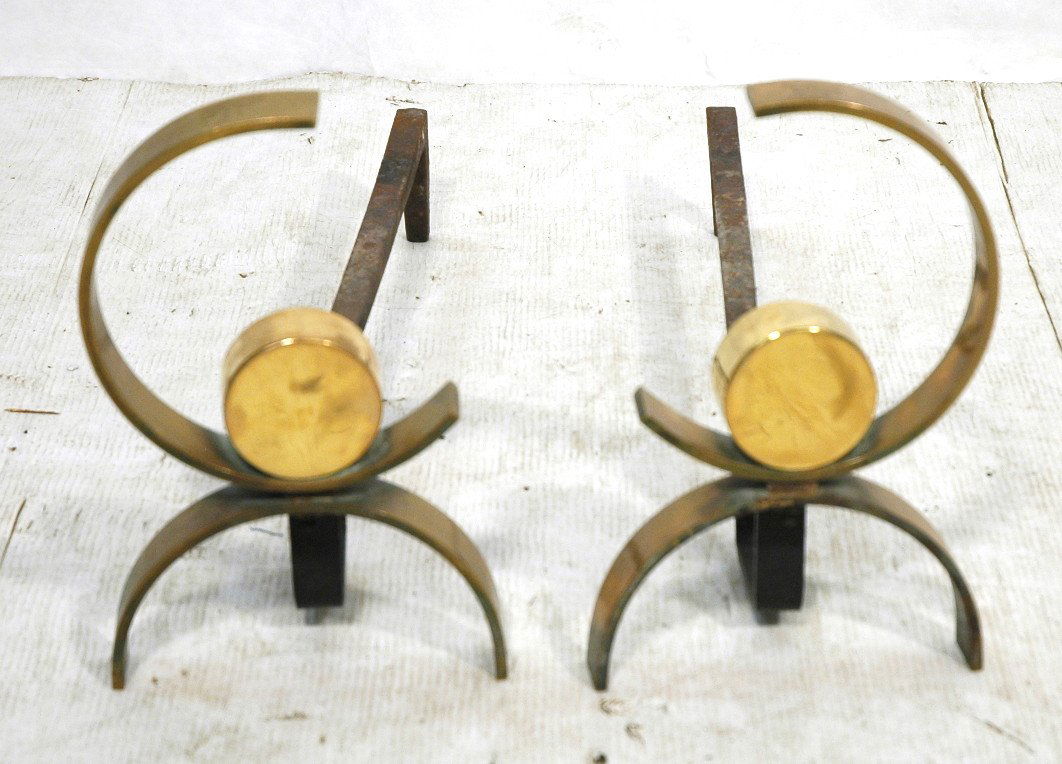 DONALD DESKEY Brass & Iron Andirons. Loop & Disc: DONALD DESKEY Brass & Iron Andirons. Loop & Disc Form. -- Dimensions: H: 12.5 inches: W: 8 inches: D: 26 inches ---