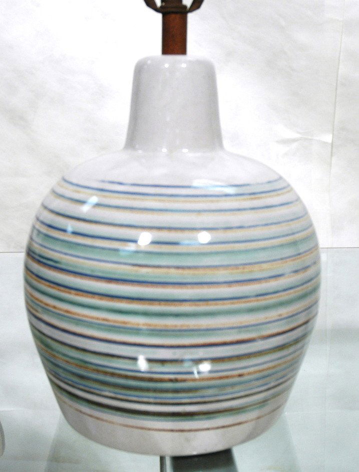 MARTZ Marshall Studios Pottery Table Lamp. Blue,: MARTZ Marshall Studios Pottery Table Lamp. Blue, Green Bands. Bulbous form. Marked.-- Dimensions: H: 10 inches: W: 10 inches ---