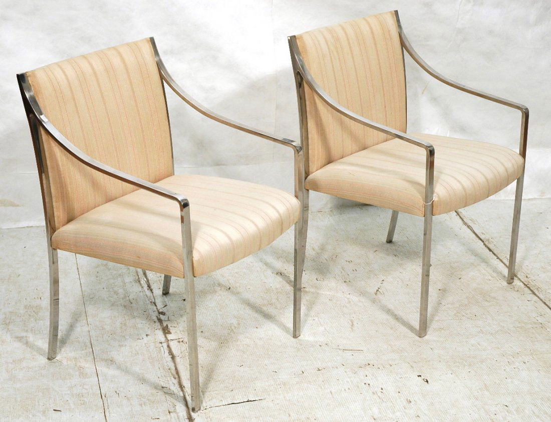 Pr STOW DAVIS Chrome Lounge Chairs. Sloped flat c: Pr STOW DAVIS Chrome Lounge Chairs. Sloped flat chrome arms. Striped fabric upholstery. -- Dimensions: H: 33 inches: W: 22 inches: D: 27 inches ---