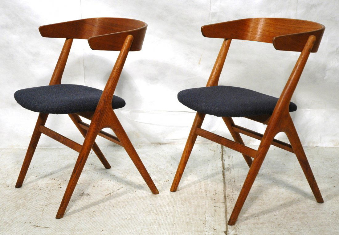 Pr Danish Modern Teak GEORGE TANIER Lounge Chairs: Pr Danish Modern Teak GEORGE TANIER Lounge Chairs. "Y" Exposed frame. Barrel laminated back. Blue fabric. Branded Marks. SIBAST MOBLER.-- Dimensions: H: 30 inches: W: 22 inches: D: 22 inches ---