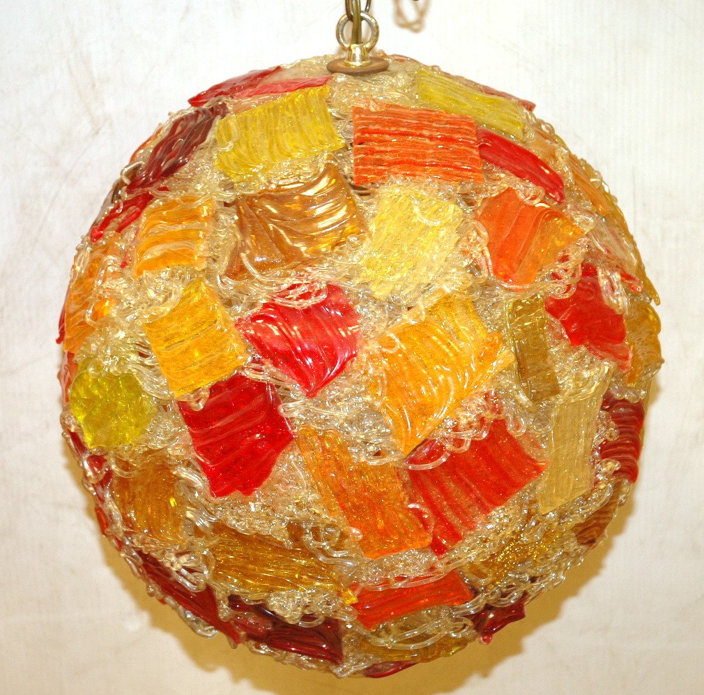 70's Modern Ball Lamp. Random set colored panels: 70's Modern Ball Lamp. Random set colored panels and clear spaghetti body-- Dimensions: H: 14.5 inches: W: 13 inches ---