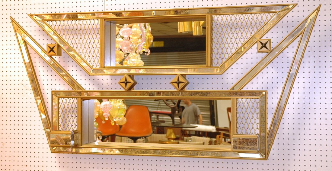 50's Modern Wall Shadow Box Mirror. Angular Form: 50's Modern Wall Shadow Box Mirror. Angular Form with mirrored centers. Planters.-- Dimensions: H: 29.5 inches: D: 8 inches: L: 66 inches ---
