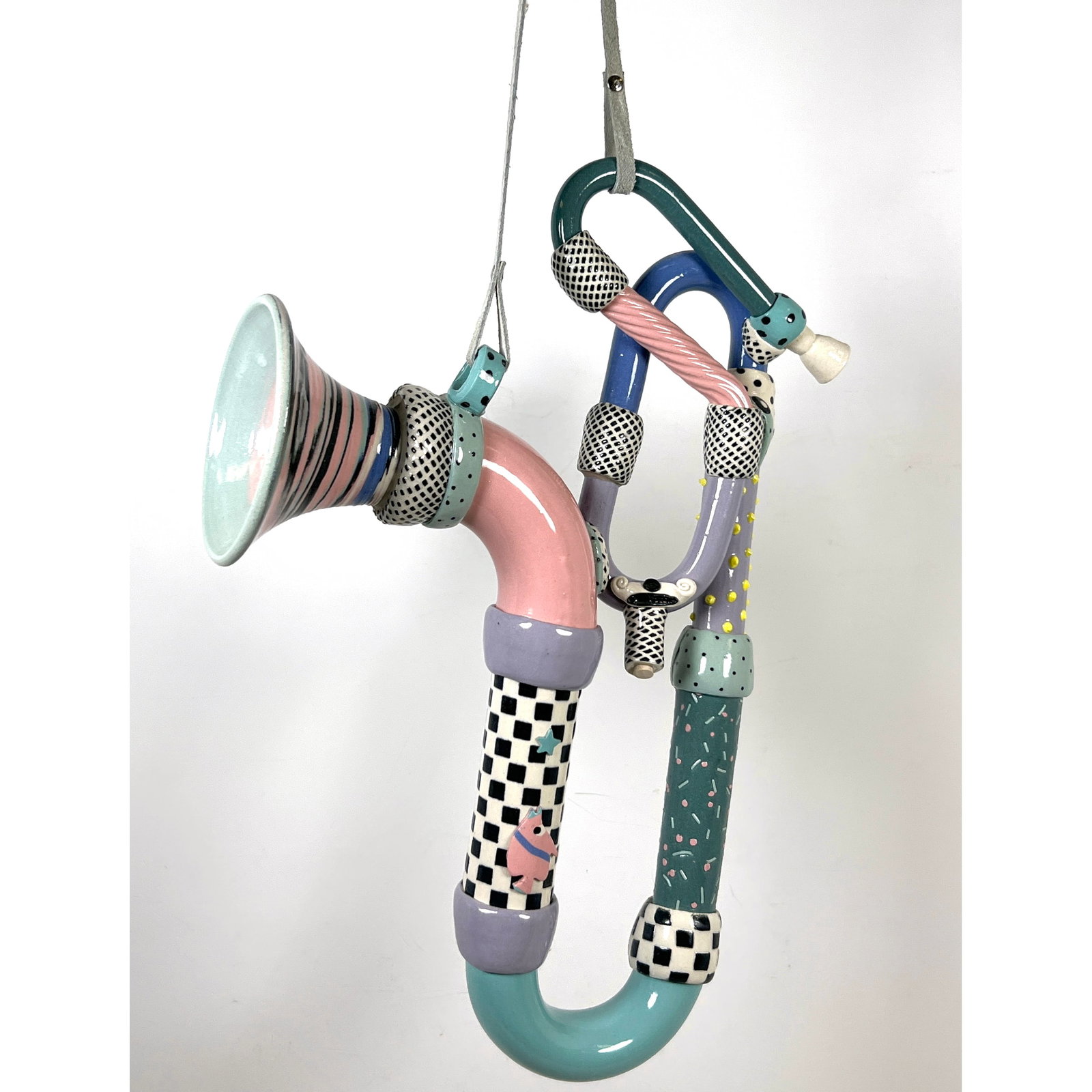 Postmodern Steve Smeed Studio Pottery Glazed Ceramic Horn Musical Instrument Wall Hanging. Marked. (1 of 9)