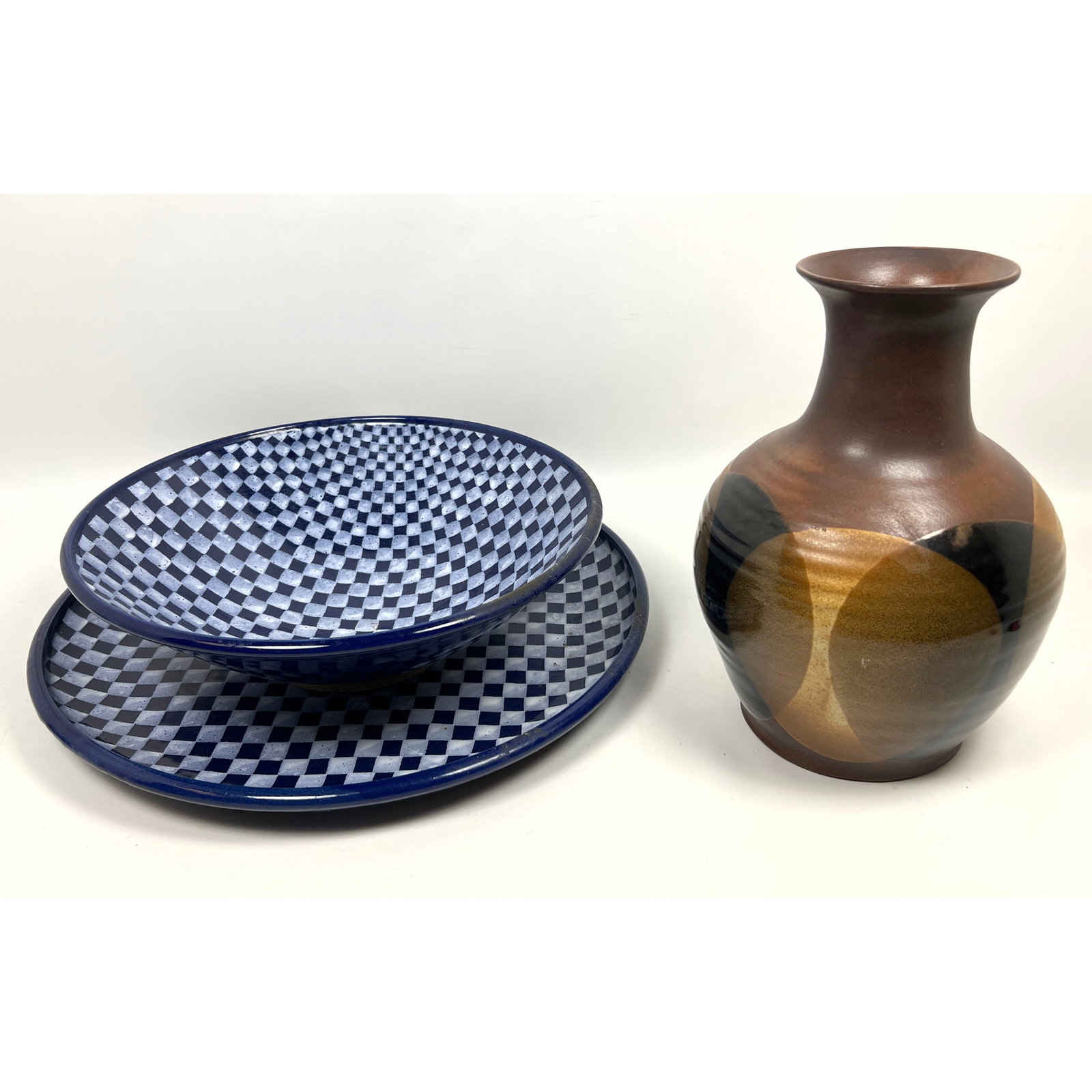 3pcs Pottery Large Studio Pottery Bowl, hand decorated checkerboard pattern and Charger, signed Pang (1 of 19)