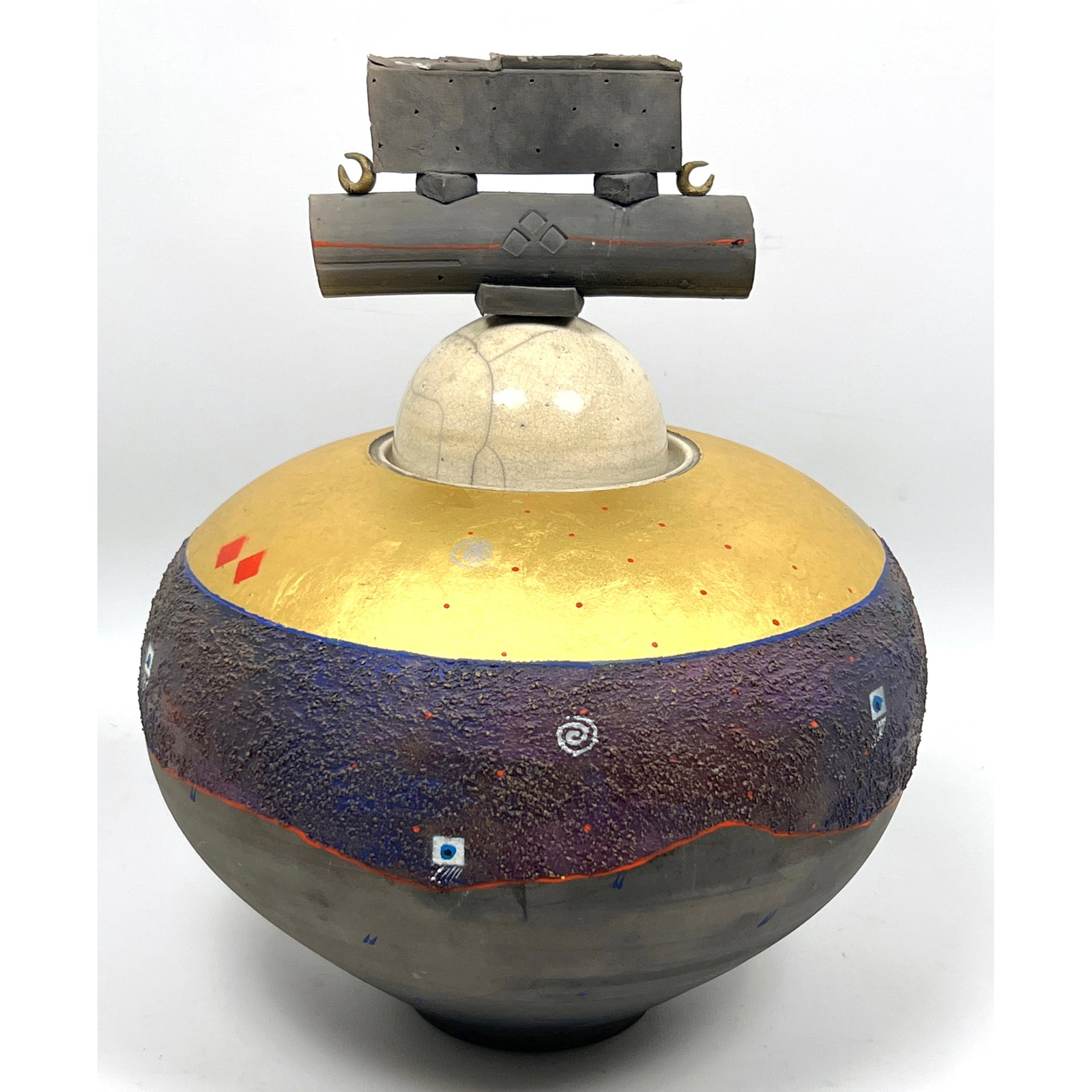 Large American studio Ceramic Lidded Vessel. ROBERT MICHAEL CARLSON. Bulbous Form with Asian inspire (1 of 12)