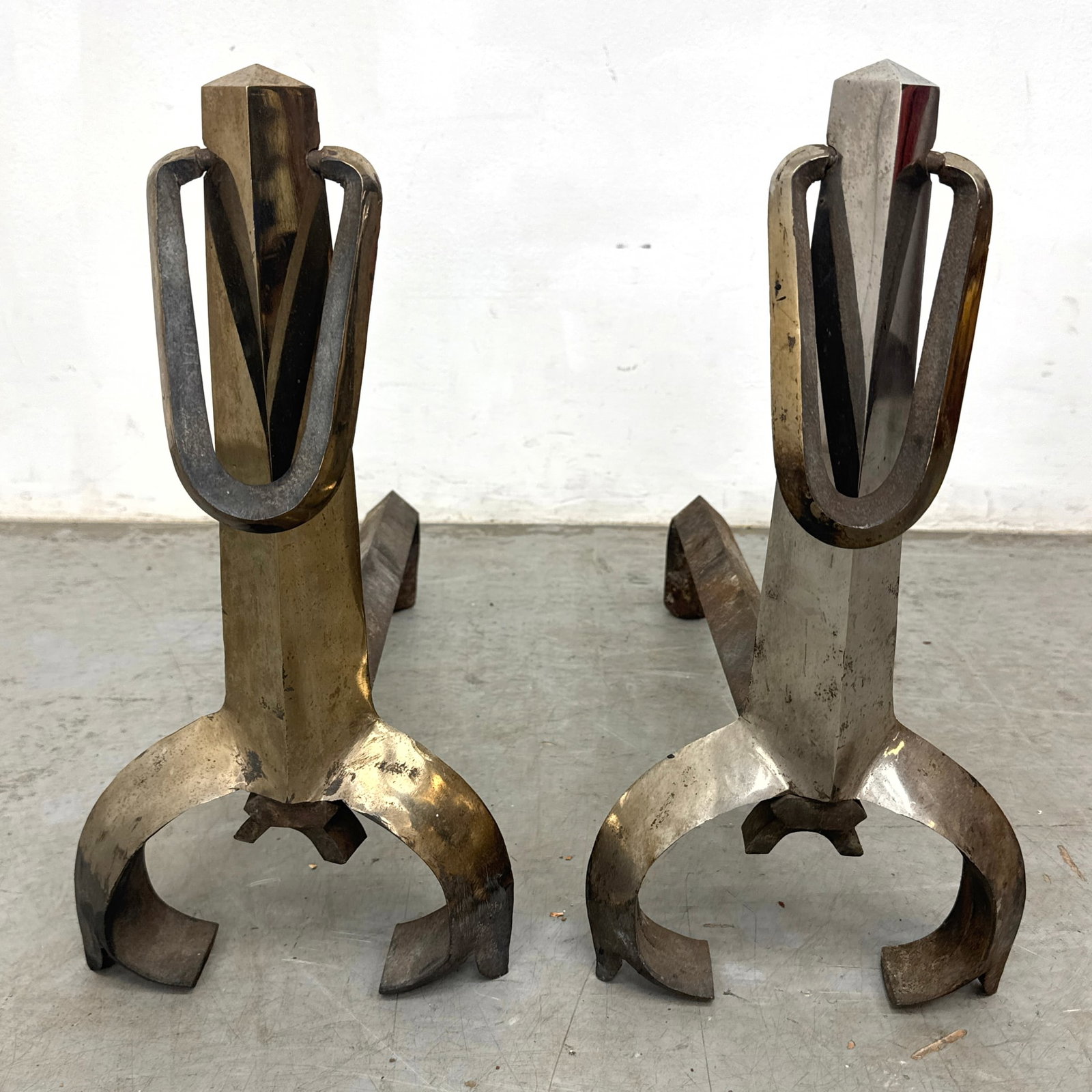 Pr Heavy Vintage Two Tone Modernist Metal Andirons. Art Deco Style. One features brass tone Central (1 of 10)