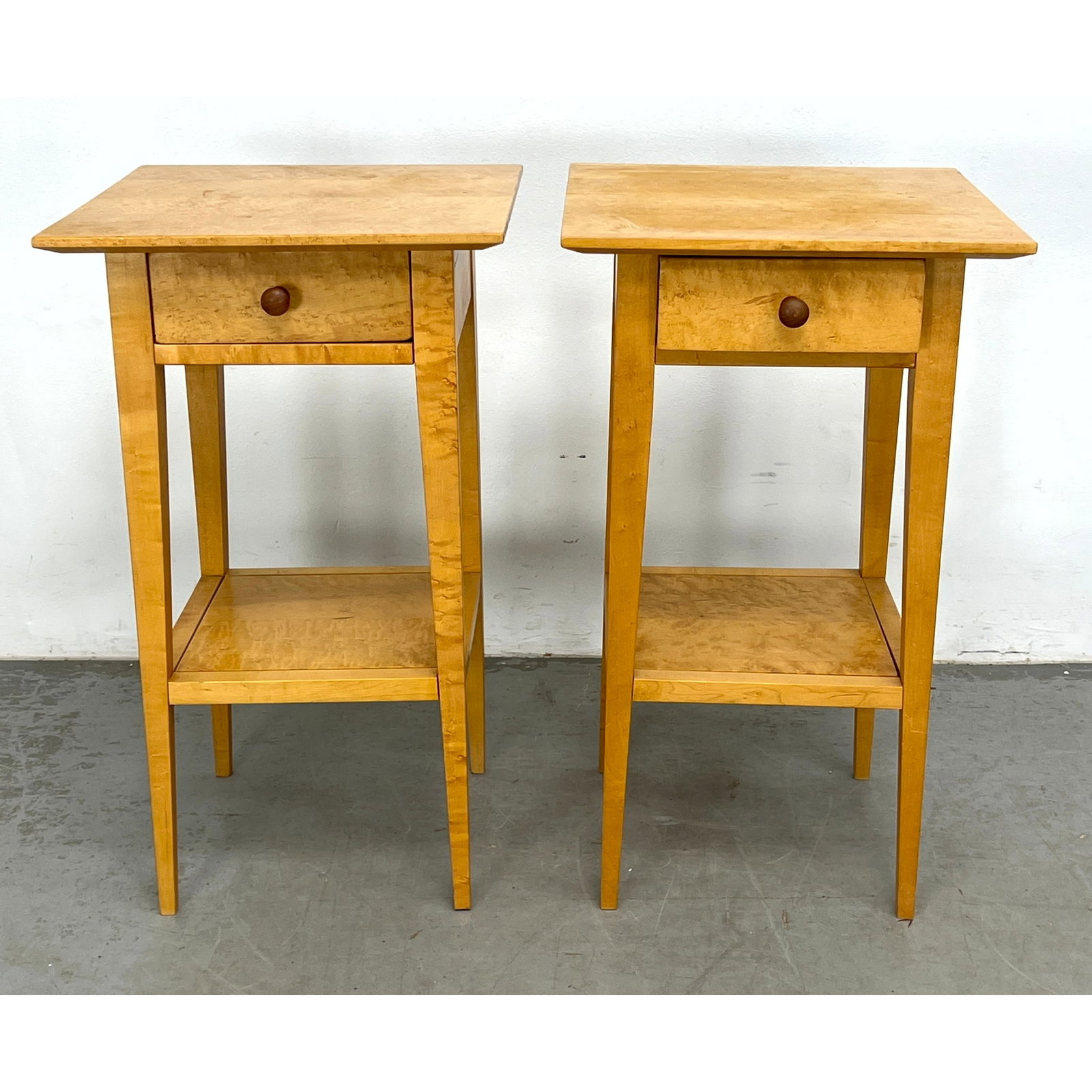 Pair Studio Shaker Style Figured Maple Side Tables with Single drawer.: Pair Studio Shaker Style Figured Maple Side Tables with Single drawer. Dimensions: Height: 29 inches, Width: 17 inches, Depth: 17 inches. ---