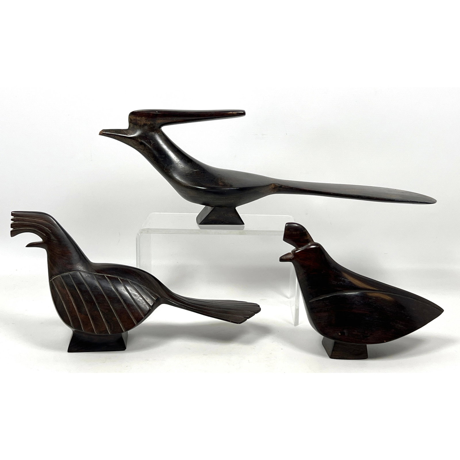 3pc Mexican Carved Ironwood Figural Bird Sculptures. SERI Folk Art. 2 pieces Artist signed: PANCHITA: 3pc Mexican Carved Ironwood Figural Bird Sculptures. SERI Folk Art. 2 pieces Artist signed: PANCHITA ROMERO, RAMON CORALES. Dimensions: Height: 5.5 inches, Width: 16.5 inches, Depth: 3.25 inches. --- 