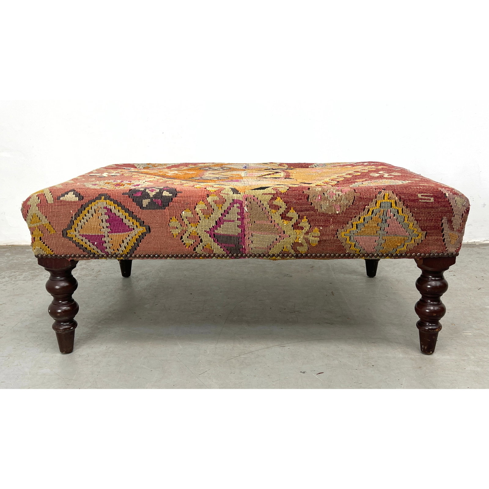 GEORGE SMITH Handmade artist Signed Oversized Ottoman Bench. Vintage kilim rug: GEORGE SMITH Handmade artist Signed Oversized Ottoman Bench. Vintage kilim rug Dimensions: Height: 15 inches, Width: 38 inches, Depth: 28 inches. ---