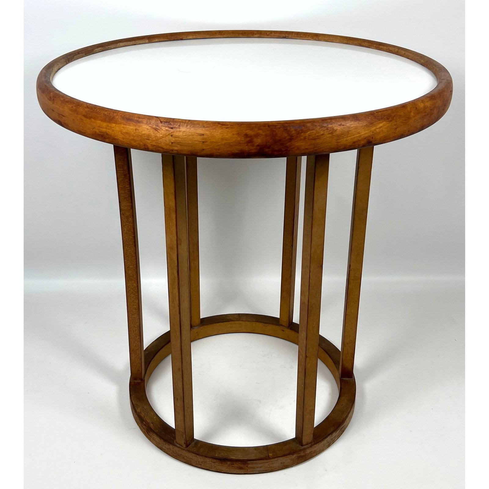 50s Vintage Mid Century Walnut White Laminate Top Side End Table, Hercules Transfer Decal Label. Wor: 50s Vintage Mid Century Walnut White Laminate Top Side End Table, Hercules Transfer Decal Label. Wormley Drexel Style Dimensions: Height: 21 inches, Width: 20 inches, Depth: 20 inches. ---