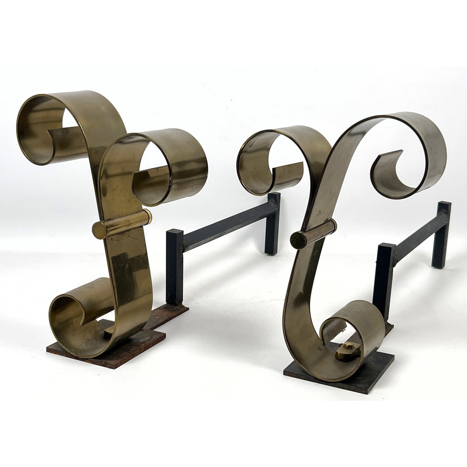 Pair Raymond Subes Style Brass Fireplace Andirons. Scroll design. (1 of 10)