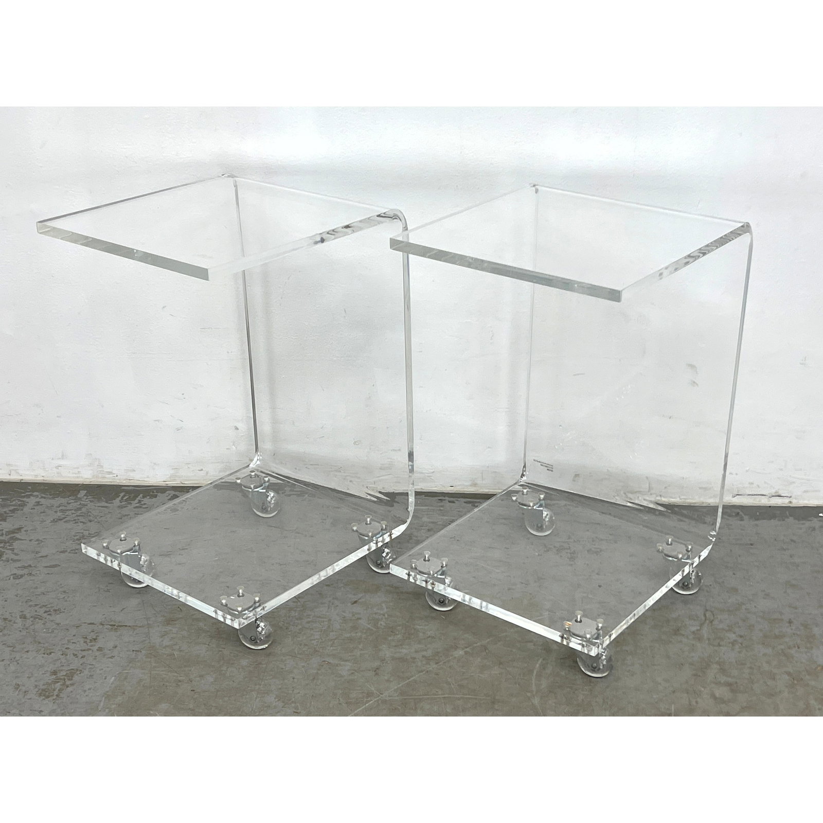 Pair Lucite Contemporary Rolling Side Tables Nightstands. On casters. (1 of 11)