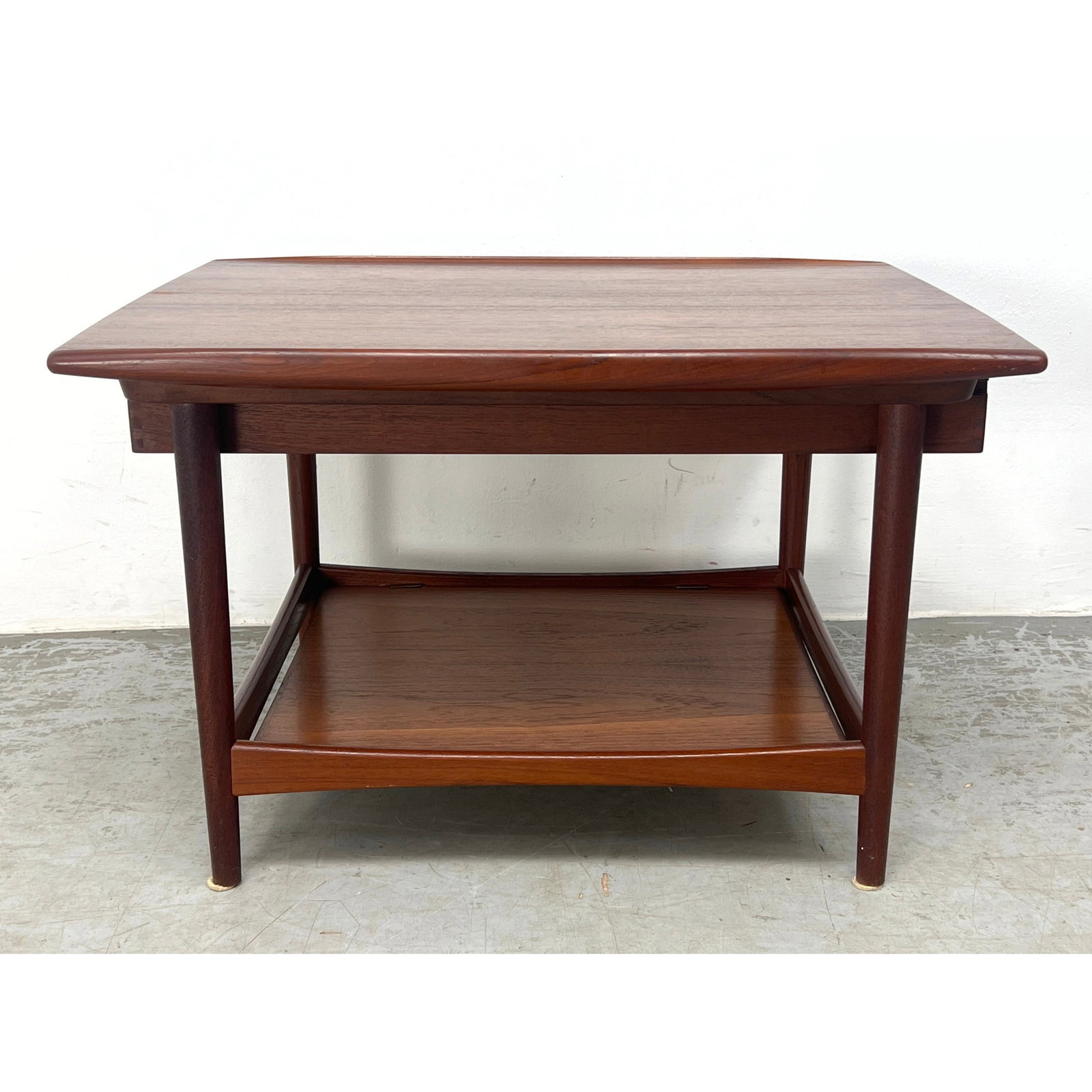 MOREDDI Danish Modern Teak Side Table. Bowed Shaped Top above Large Pull Out Drawer. Marked. (1 of 9)