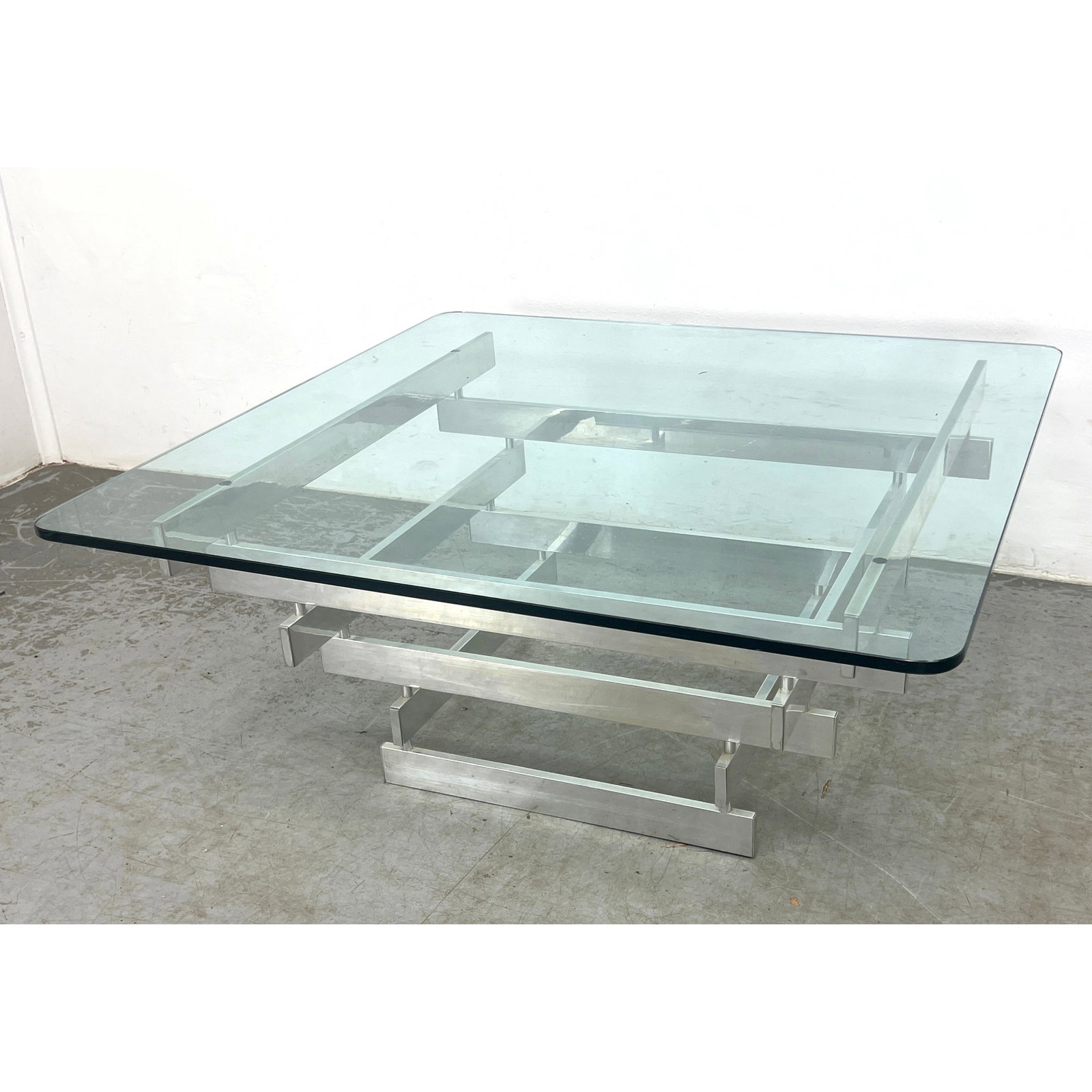 Paul Mayen Attributed Coffee Table. Steel and Glass. Stacked flat bar. (1 of 9)