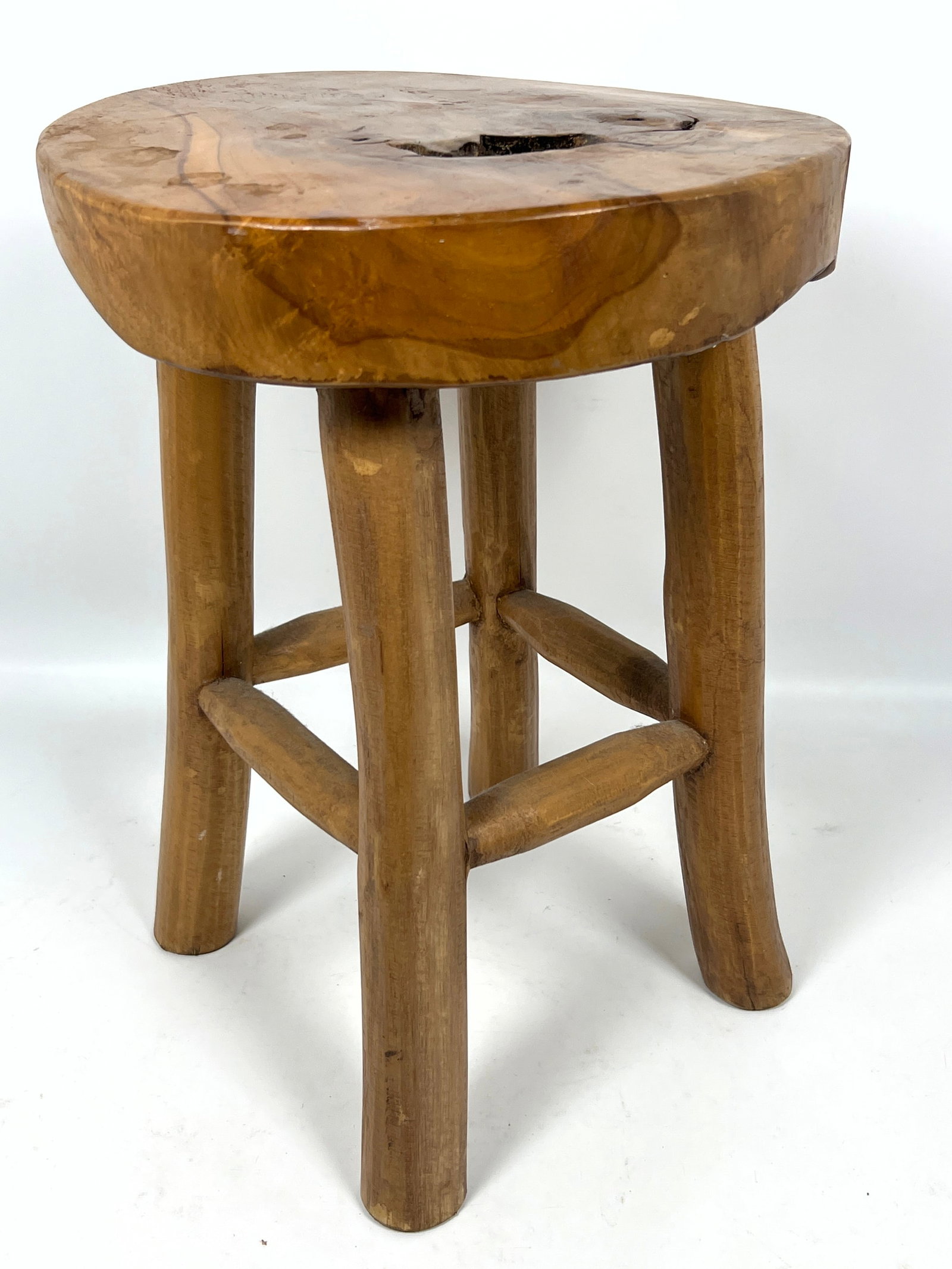 Rustic four-legged stool is constructed from solid teak wood. - 5