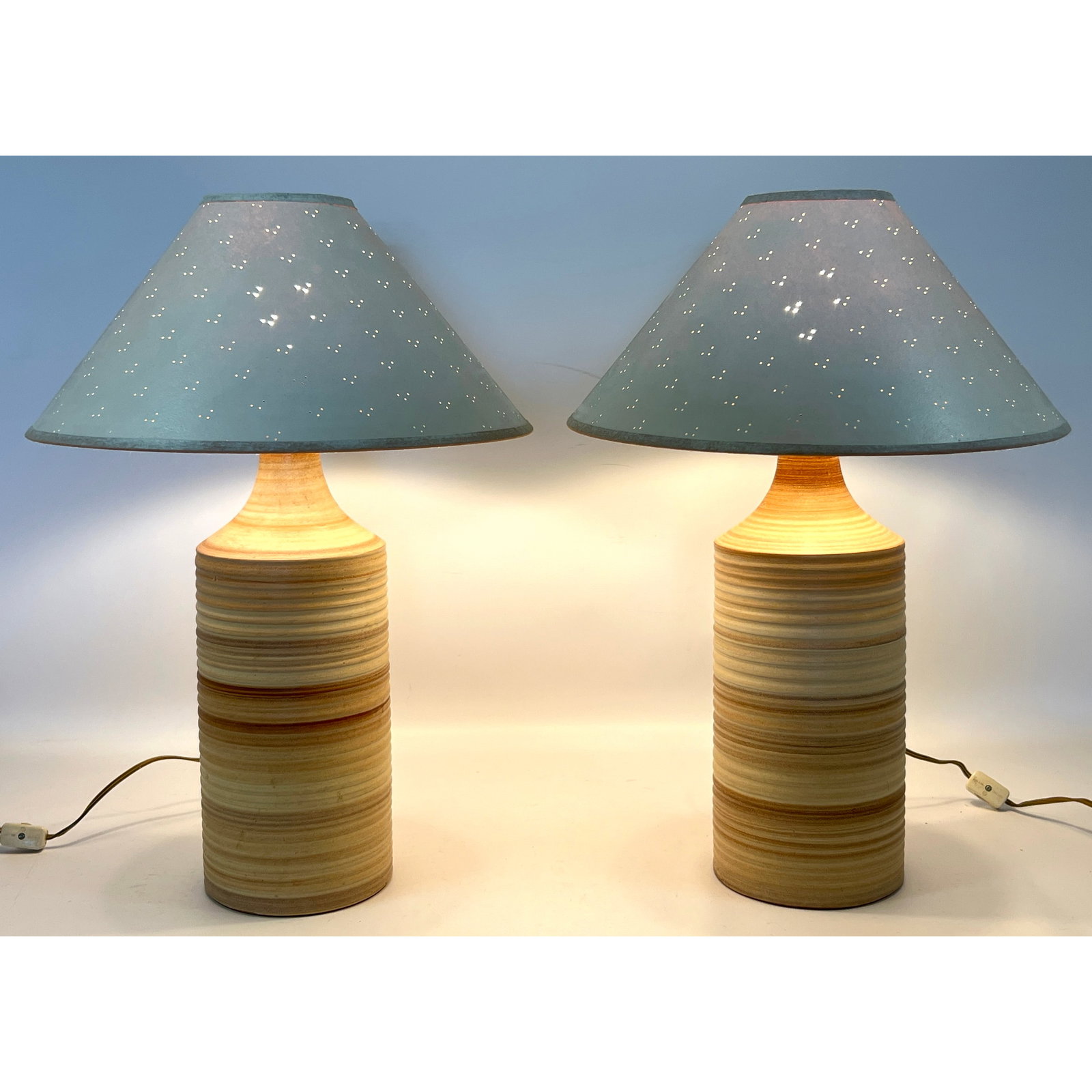 Vintage Mid Century Studio Glazed Ceramic Lamps, Signed Tenn: Vintage Mid Century Studio Glazed Ceramic Lamps, Signed Tenn Dimensions: Height: 22 inches, Width: 14 inches, Depth: 14 inches. ---