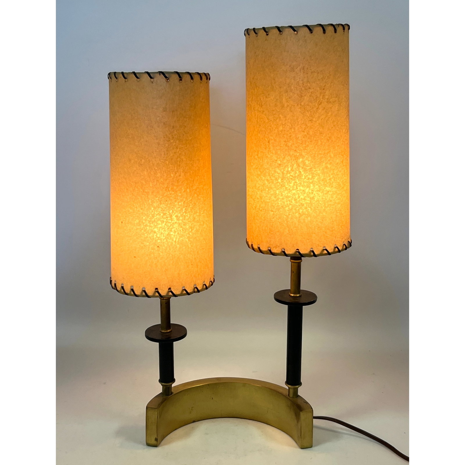 Parzinger Style Mid Century Modern Table Lamp. Brass arched base.: Parzinger Style Mid Century Modern Table Lamp. Brass arched base. Dimensions: Height: 20 inches, Width: 12 inches, Depth: 5 inches. --- US Packing and Shipping charge: In house shipping available.