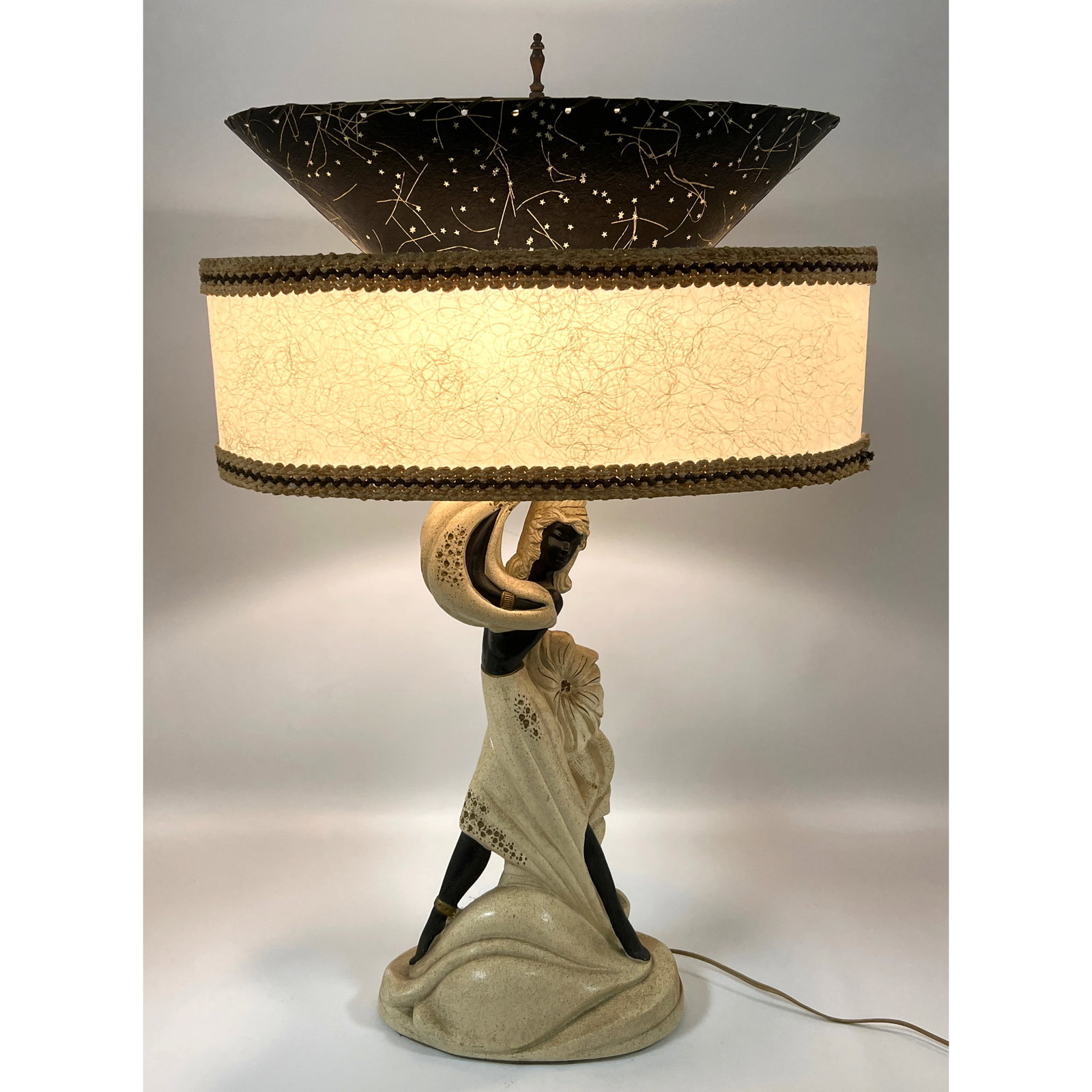 Vintage 50s Modern Figural Plaster Lamp. Original Shade.: Vintage 50s Modern Figural Plaster Lamp. Original Shade. Dimensions: Height: 32 inches, Width: 21 inches, Depth: 12.5 inches. ---