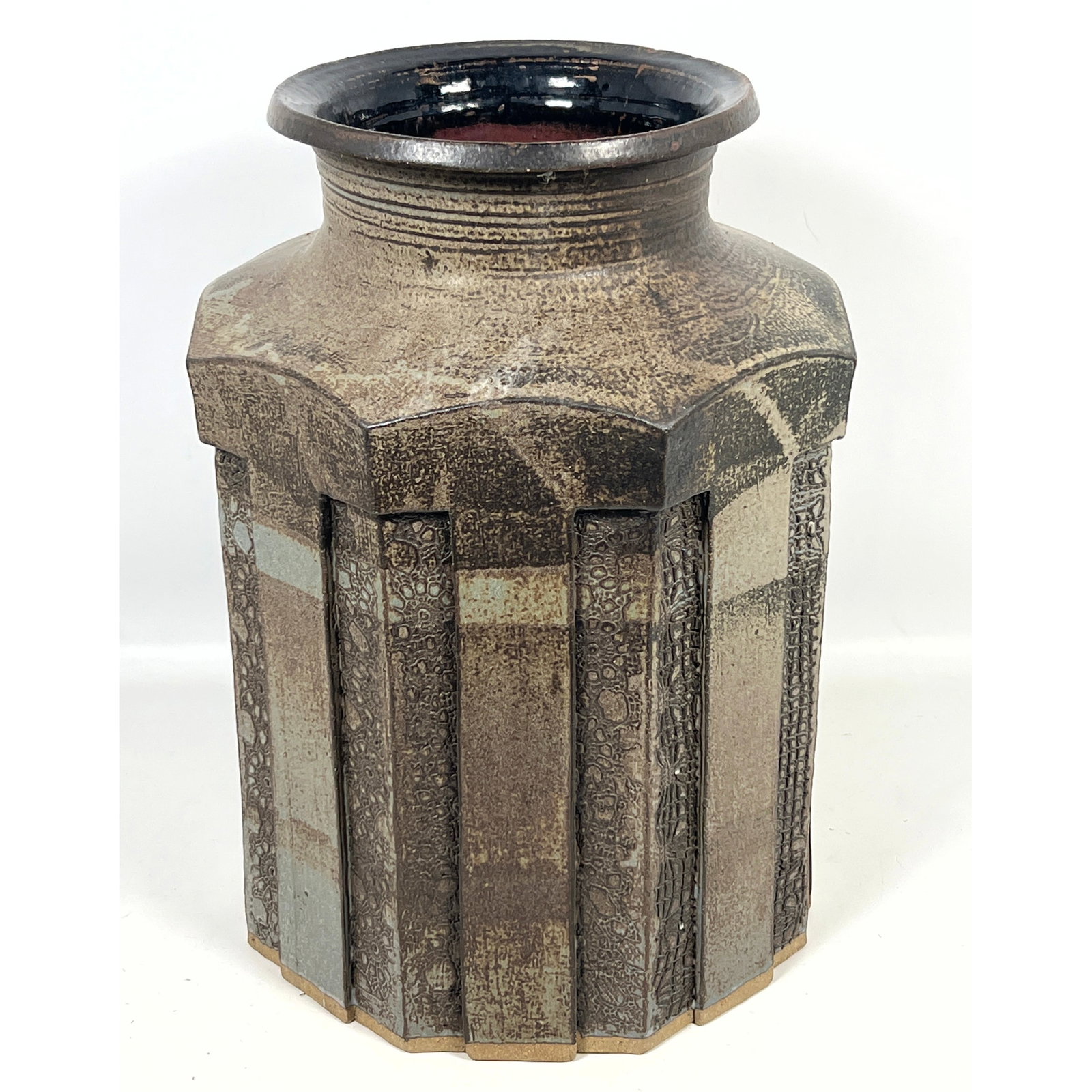 Architectural Garrick studio pottery vessel vase of octagonal form. Artist Signed. Dated 75. (1 of 11)