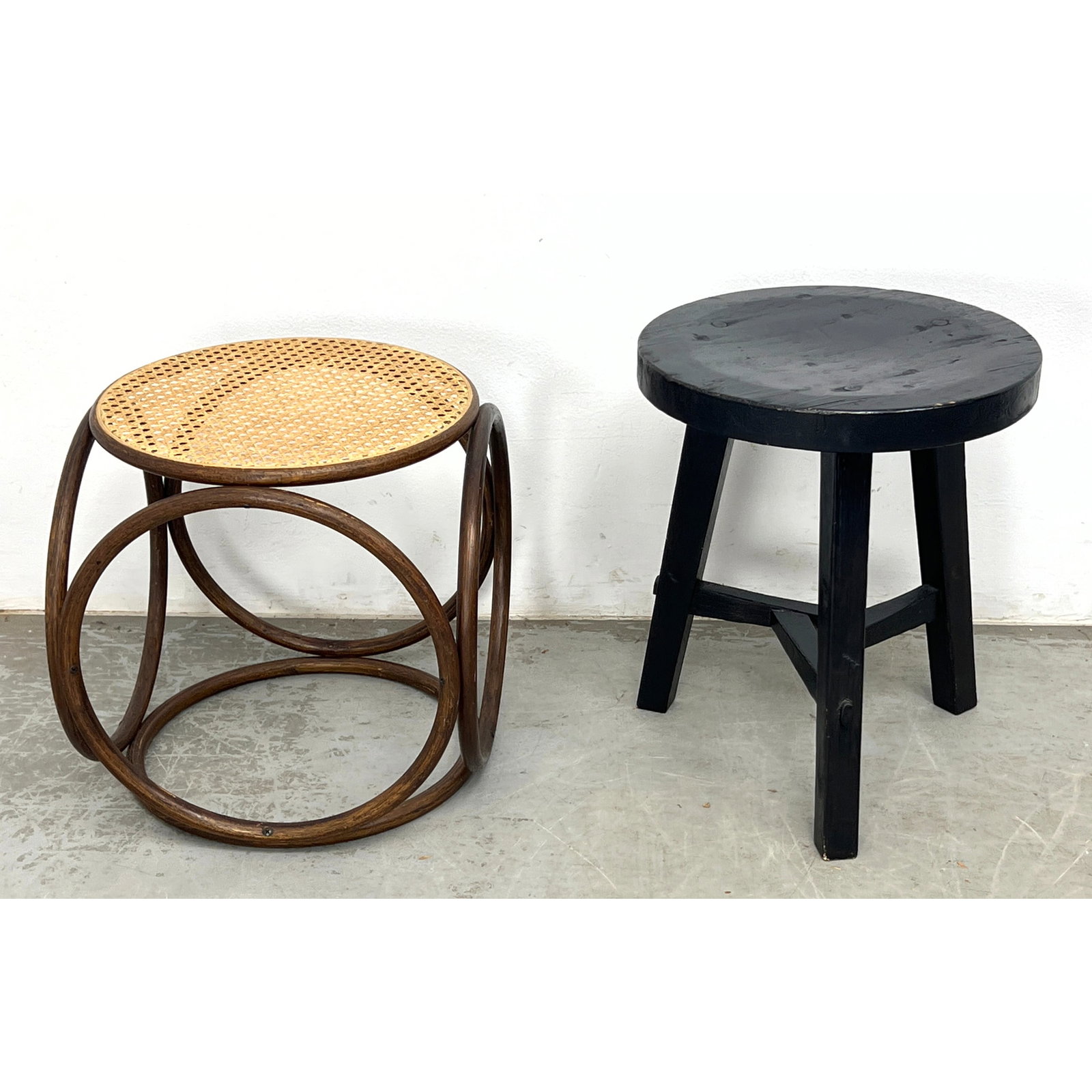 2pcs Stools. Bentwood Cane ottoman foot stool and Black Painted Rustic 3 Leg Stool. (1 of 9)