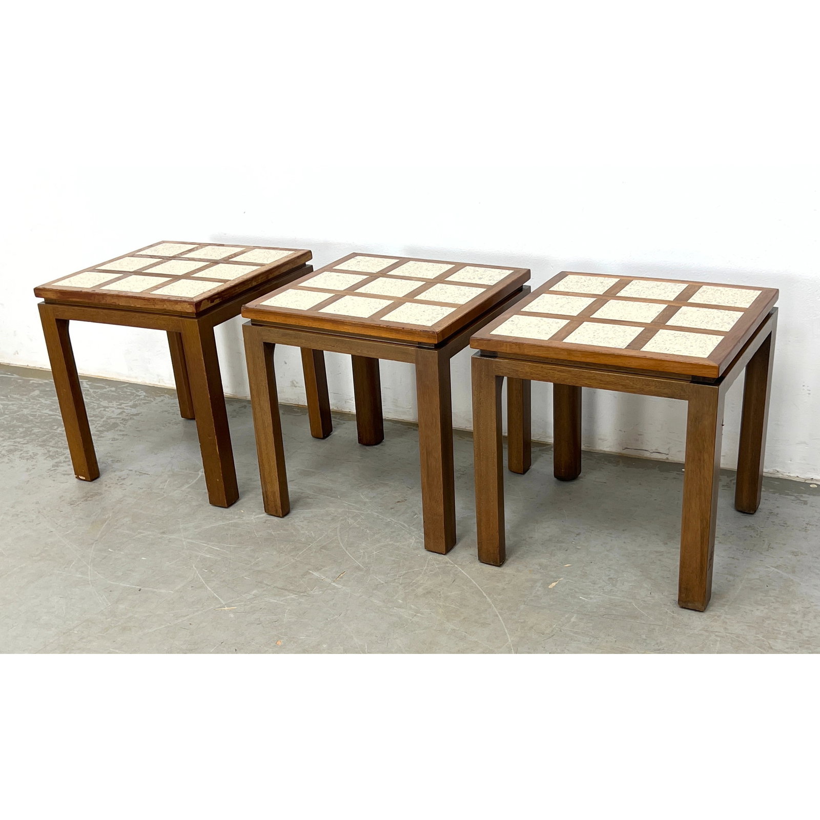 3pcs Mid Century Modern Harvey Probber Side Tables. Diminutive Walnut Frame With Inset Terrazzo Side (1 of 15)
