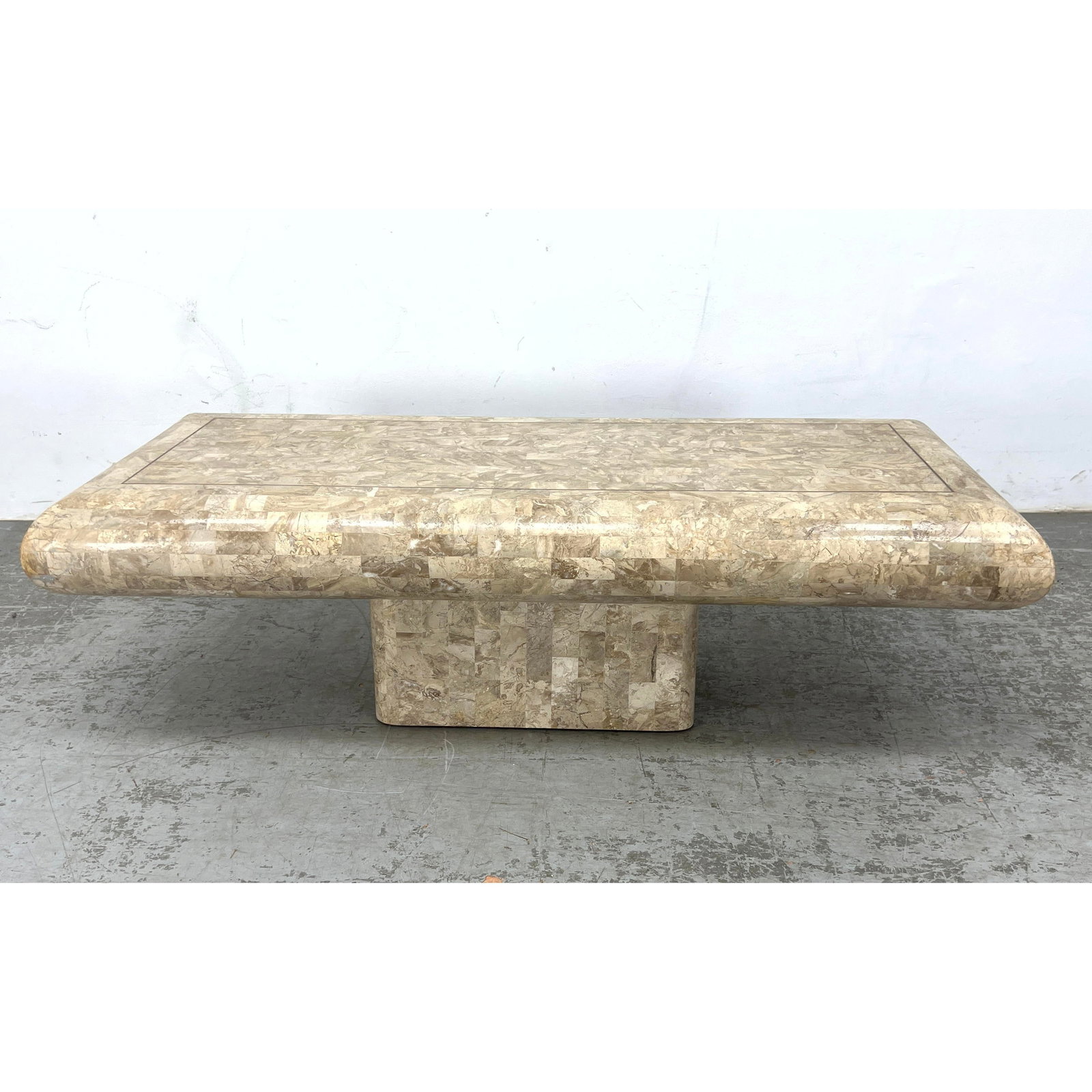 Tessellated Marble Tile Inlay Coffee Cocktail Table. Thin brass accent trim. Pedestal Platform Base. (1 of 10)