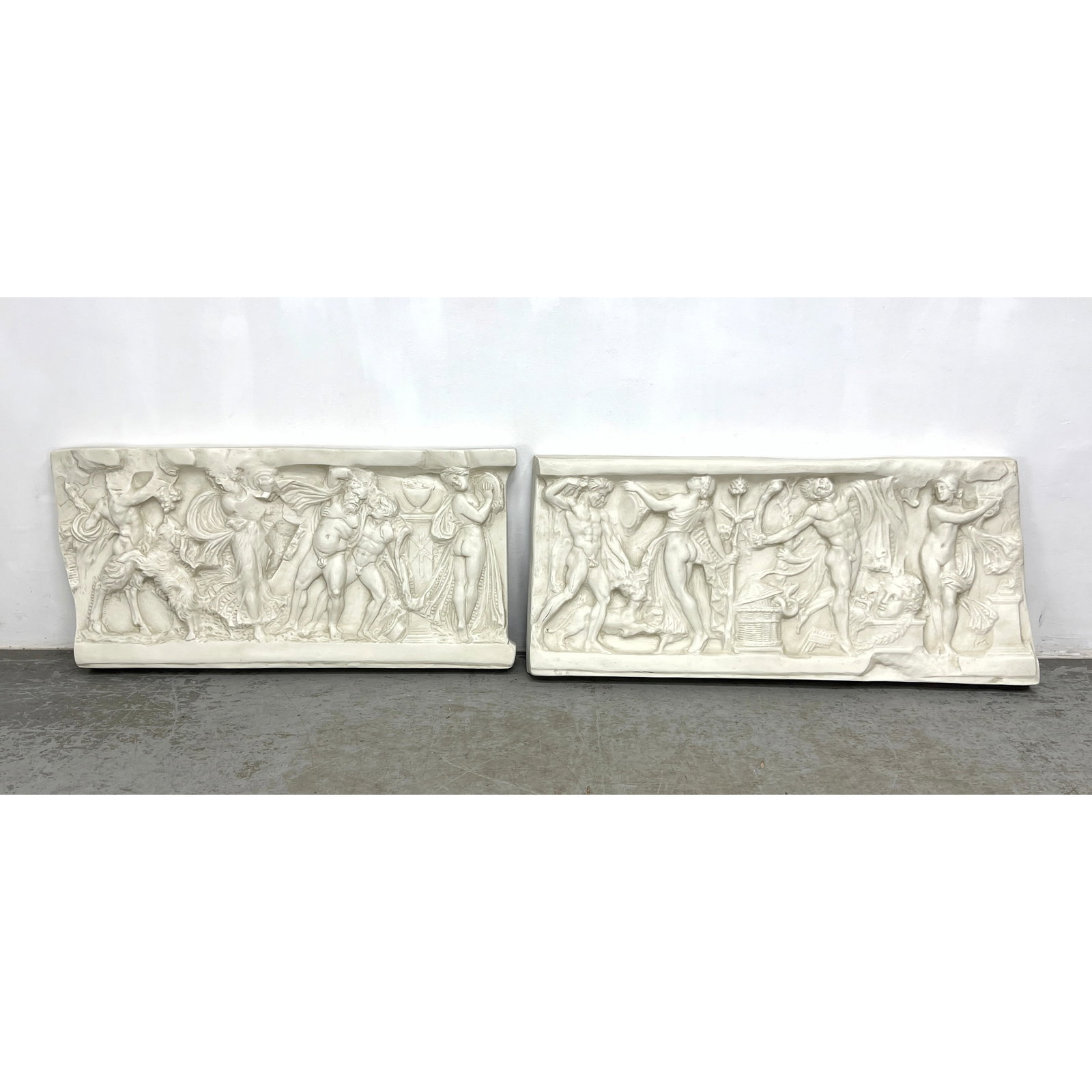 Pair Decorator Fiber Glass Wall sculpture Panels. Roman sarcophagus friezes: Pair Decorator Fiber Glass Wall sculpture Panels. Roman sarcophagus friezes Dimensions: Height: 21 inches, Width: 47 inches, Depth: 3 inches. ---