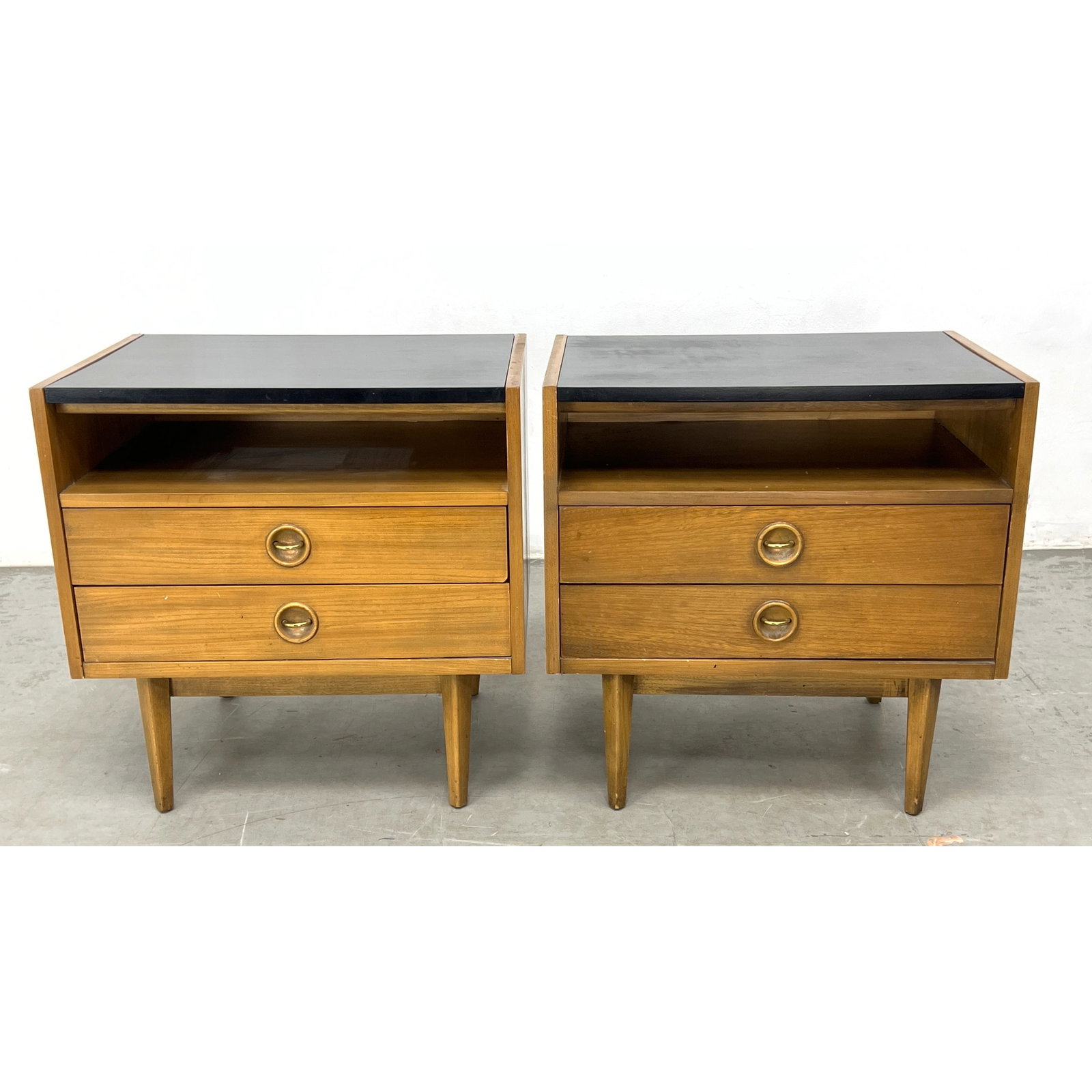 Pair American of Martinsville Mid Century Walnut with Black Laminate Side Tables Nightstands: Pair American of Martinsville Mid Century Walnut with Black Laminate Side Tables Nightstands Dimensions: Height: 22.5 inches, Width: 22.5 inches, Depth: 16 inches. ---