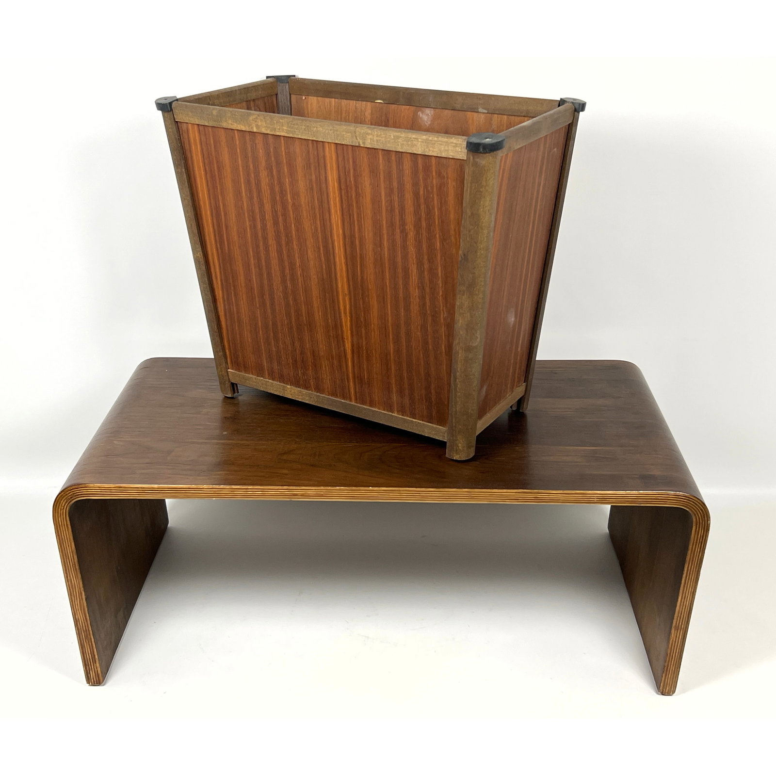 2pcs Wooden Objects. American Mid Century Walnut Waste Basket, Bent Plywood Low Table (1 of 15)