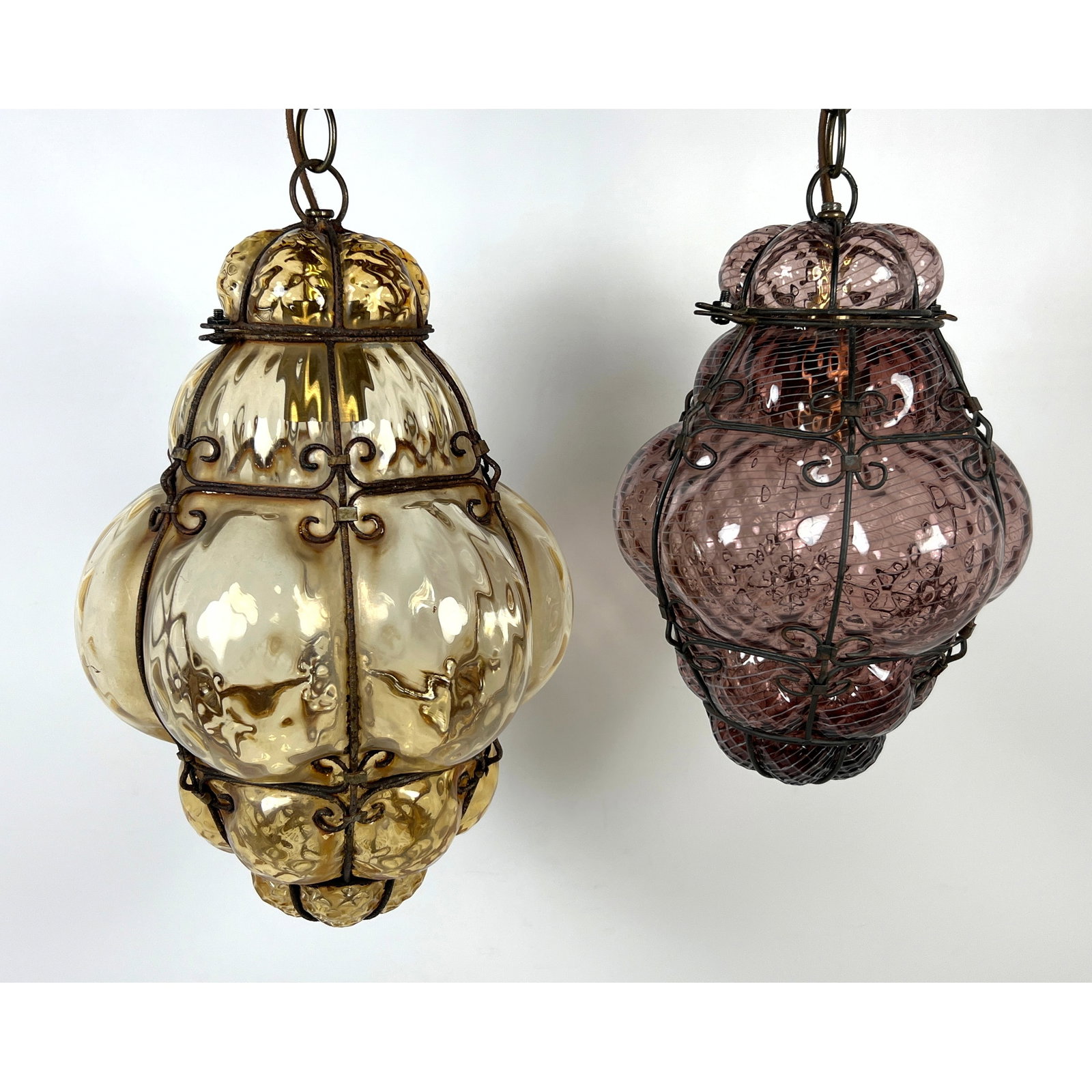 2pc Murano Italian Glass Hanging Pendant Lamps. Hand Blown Glass Shades encased in decorative metal (1 of 12)