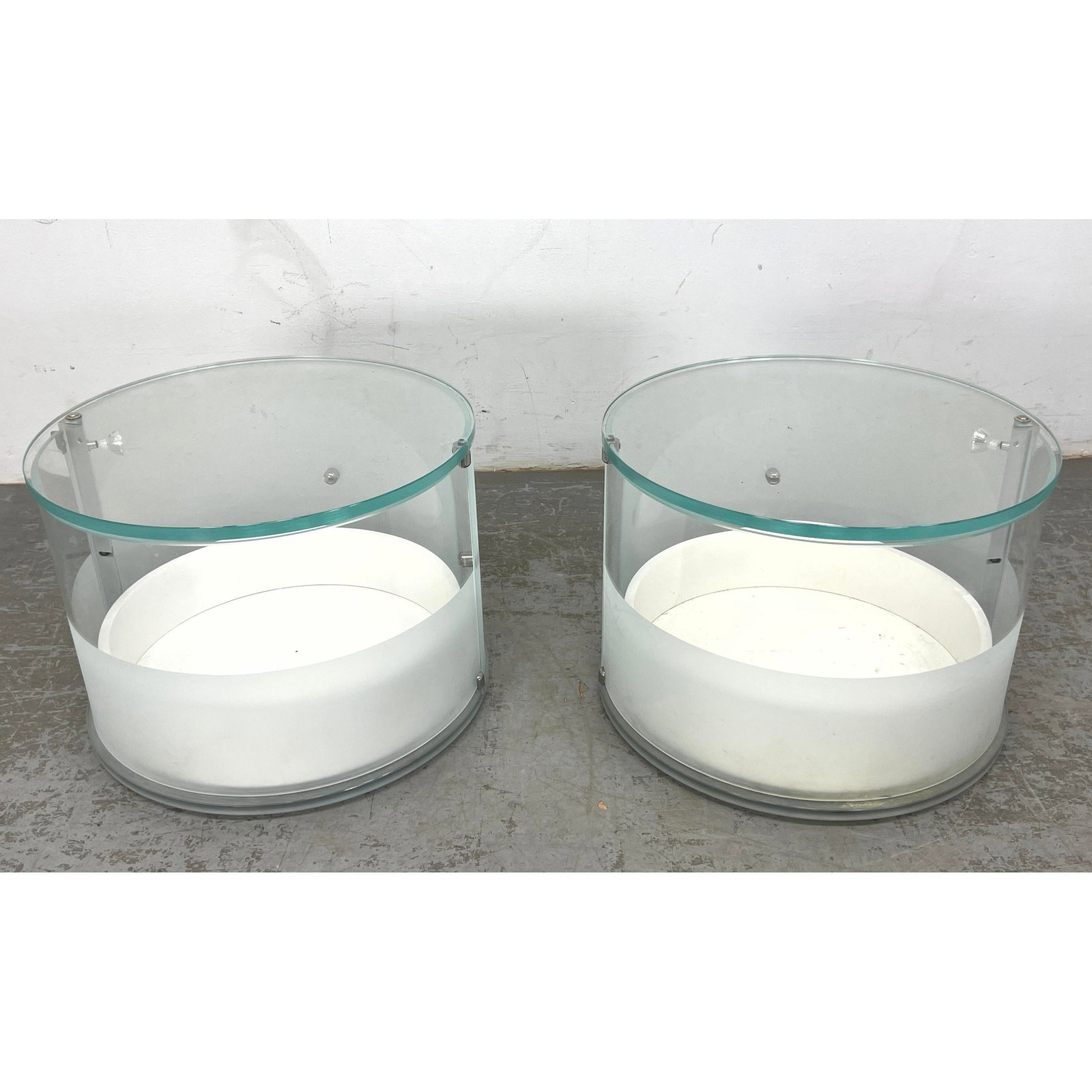 Pair Round Glass Side Display Tables with Swing out shelf.: Pair Round Glass Side Display Tables with Swing out shelf. Dimensions: Height: 14.25 inches, Width: 19.75 inches, Depth: 19.75 inches. ---