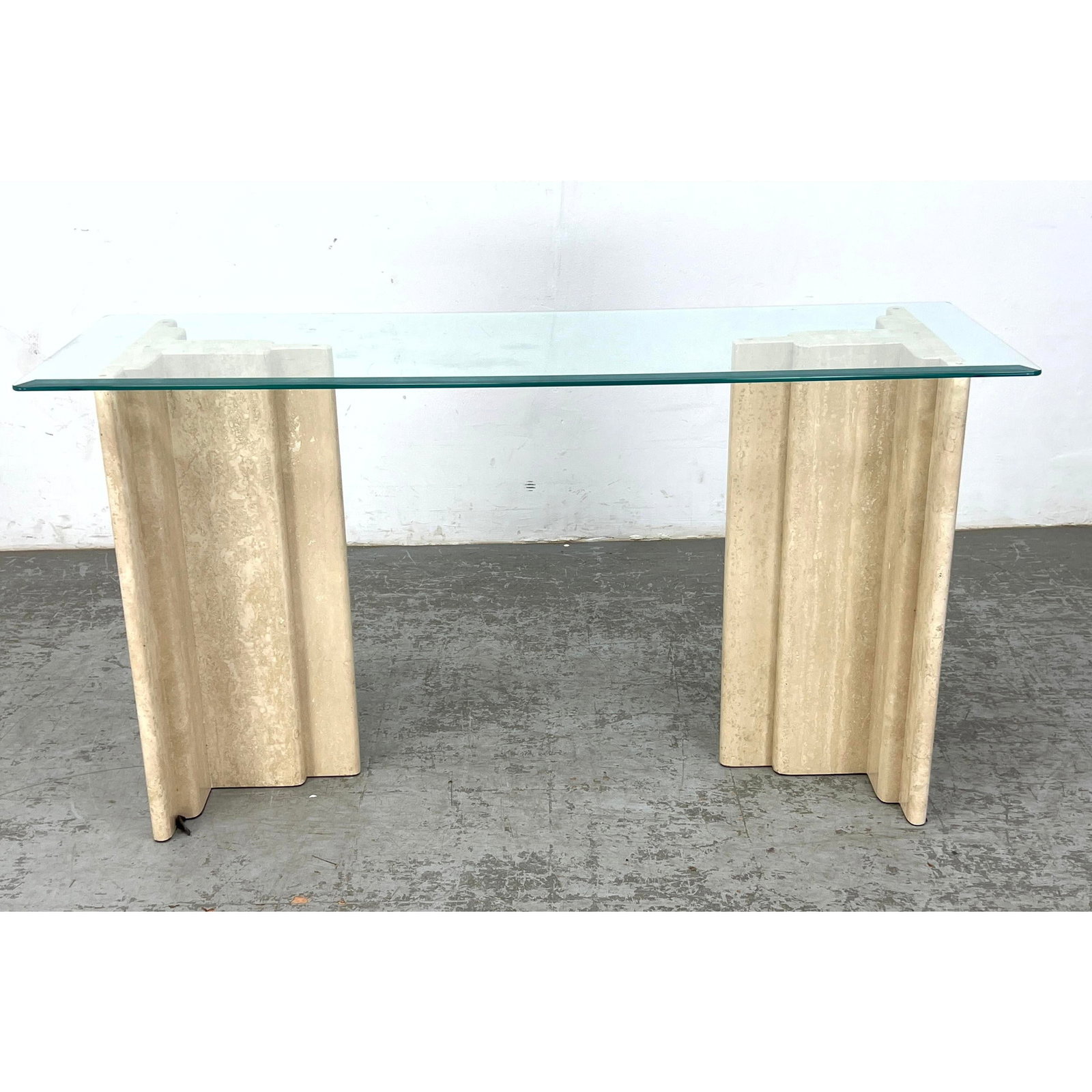 Travertine Marble Base Glass Top Console Hall Table. Modernist Hall Table with stepped form pedestal (1 of 12)