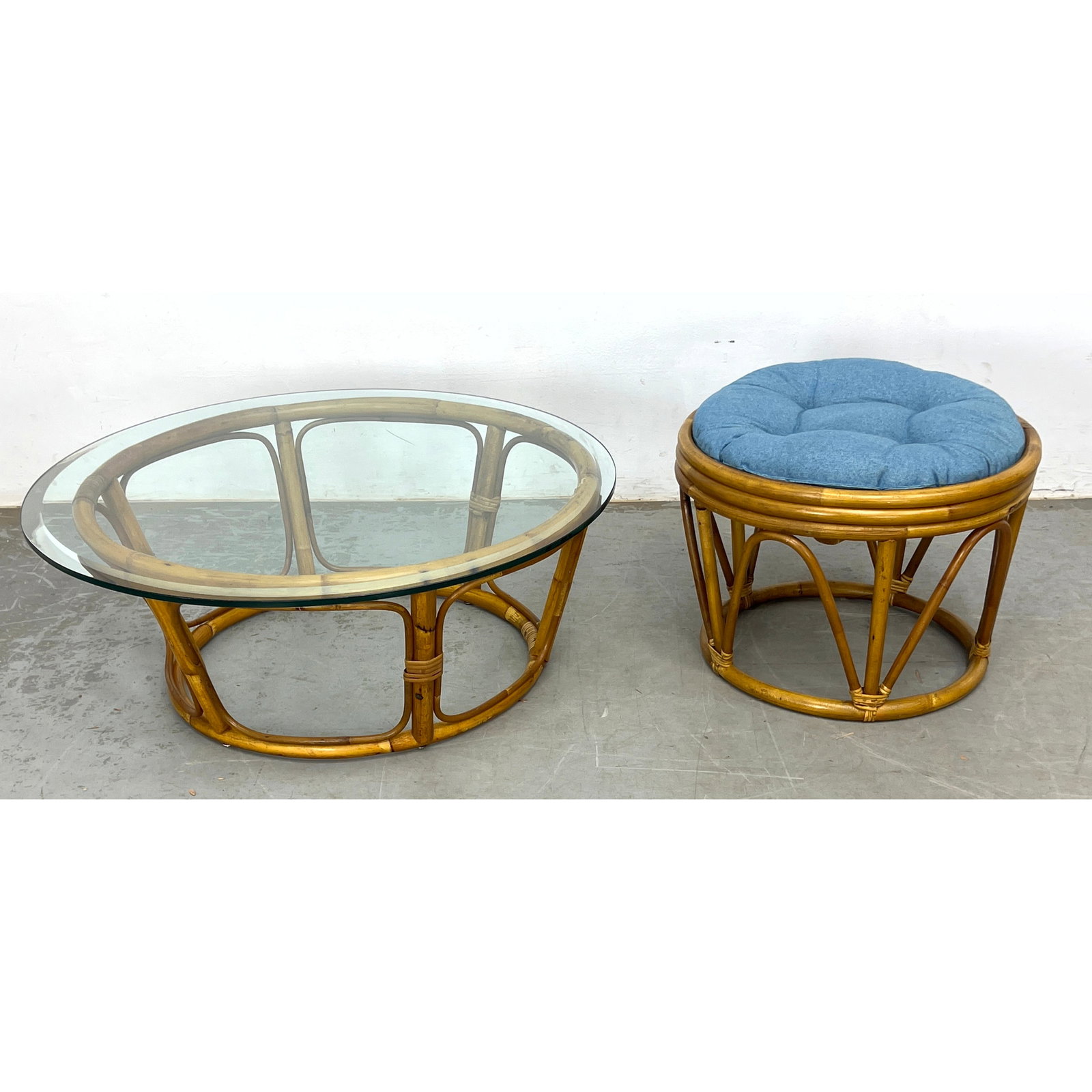 2pcs Rattan Furniture. Rattan Glass Top Table and Stool: 2pcs Rattan Furniture. Rattan Glass Top Table and Stool Dimensions: Height: 21 inches, Width: 31 inches, Depth: 31 inches. - Additional Dimensions: Stool H: 14 inches, W: 19 inches, D: 19 inches ---