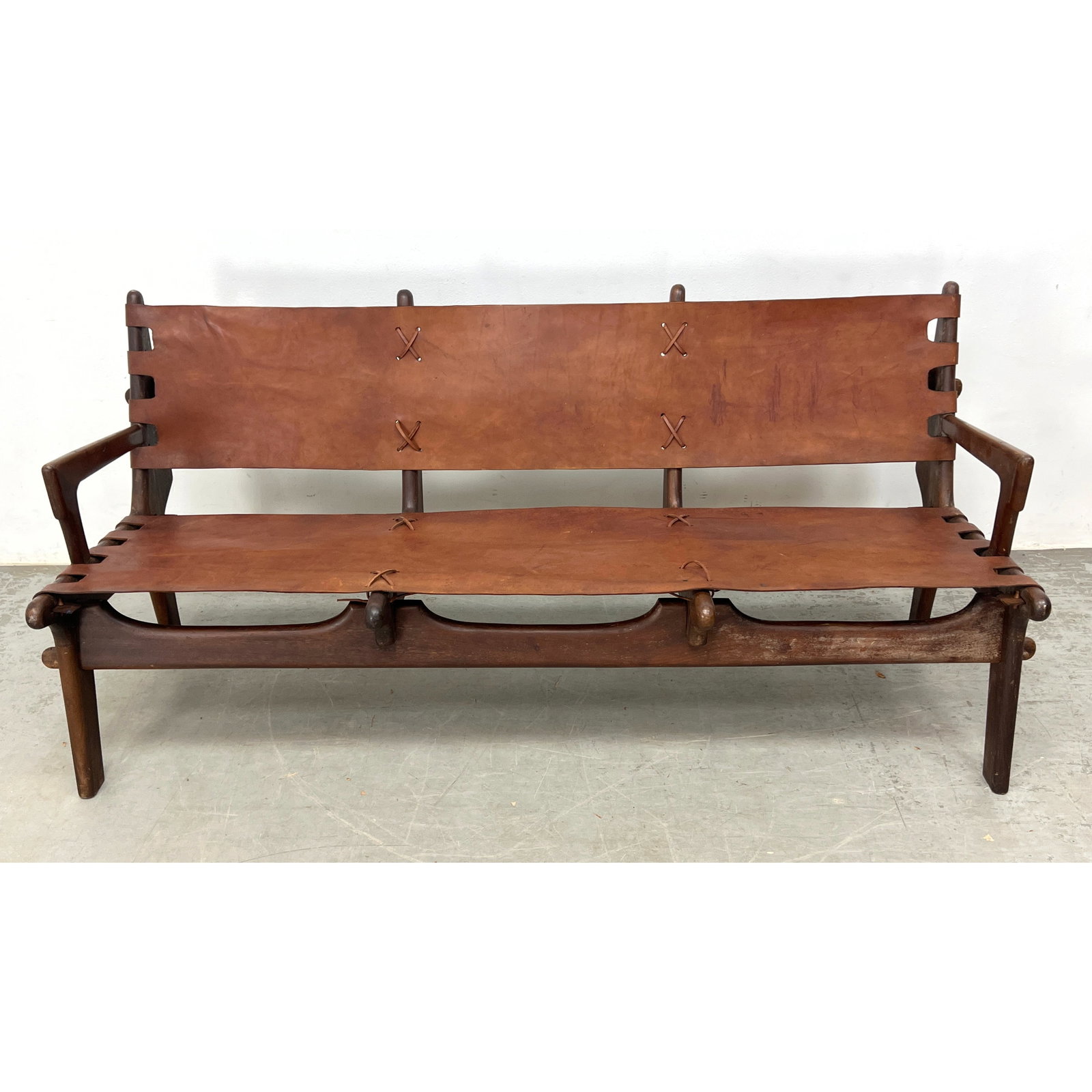 Angel Pazmino 3-seat Sofa Bench Couch. wood and Leather.: Angel Pazmino 3-seat Sofa Bench Couch. wood and Leather. Dimensions: Height: 29 inches, Width: 66 inches, Depth: 28 inches. - Seat Height: 17 inches ---