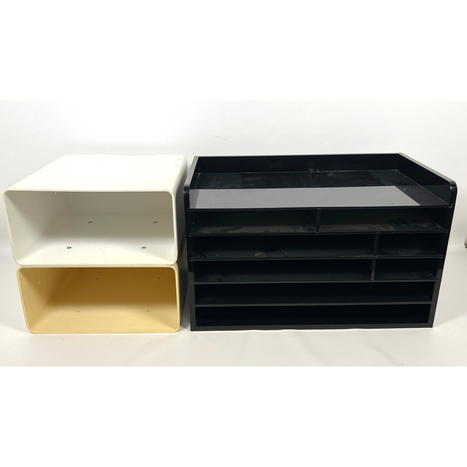 2pcs Mid Century Modern Vintage Plastic Modular Storage Cubbies and Black Lucite Desk Top Organizer: 2pcs Mid Century Modern Vintage Plastic Modular Storage Cubbies and Black Lucite Desk Top Organizer Dimensions: Height: 13.5 inches, Width: 22 inches, Depth: 12.25 inches. - Additional Dimensions: Sma