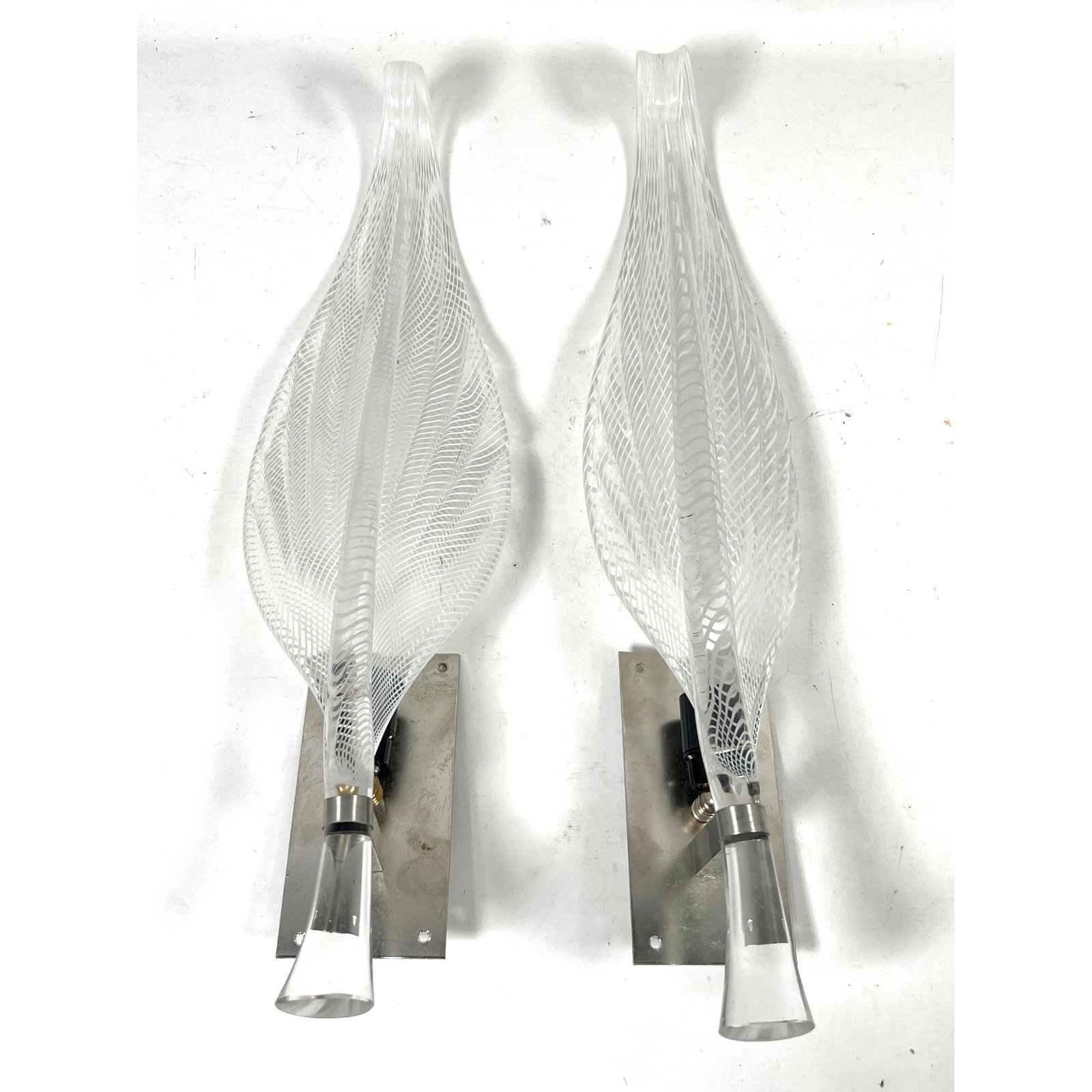 Pair Murano Art Glass Leaf Sconce Panels. Franco Luce style.: Pair Murano Art Glass Leaf Sconce Panels. Franco Luce style. Dimensions: Height: 21 inches, Width: 6 inches, Depth: 4 inches. --- US Packing and Shipping charge: In house shipping available. Will be