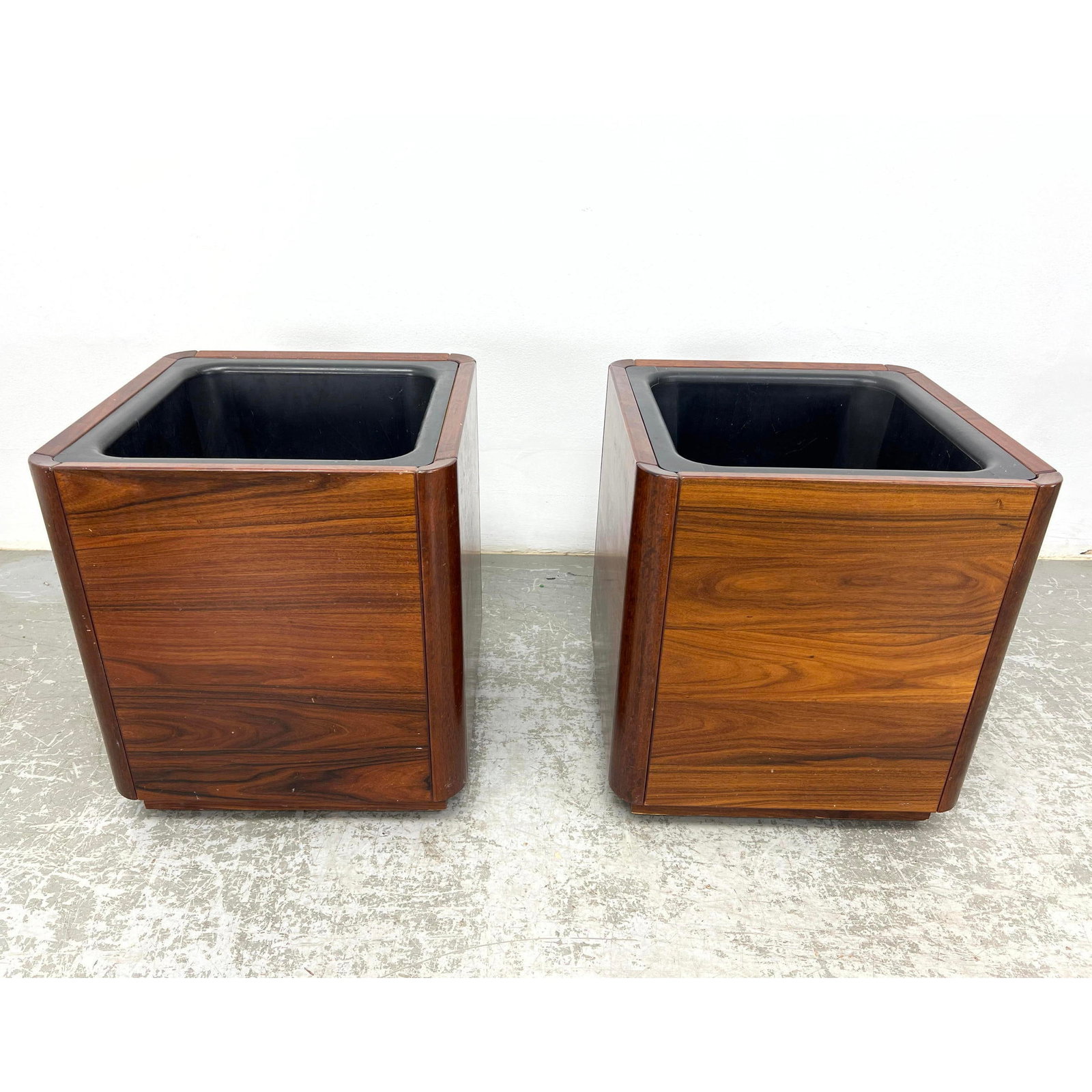 Pair Modernist Style Wood Planter Boxes with plastic liners. Roll on casters. (1 of 15)