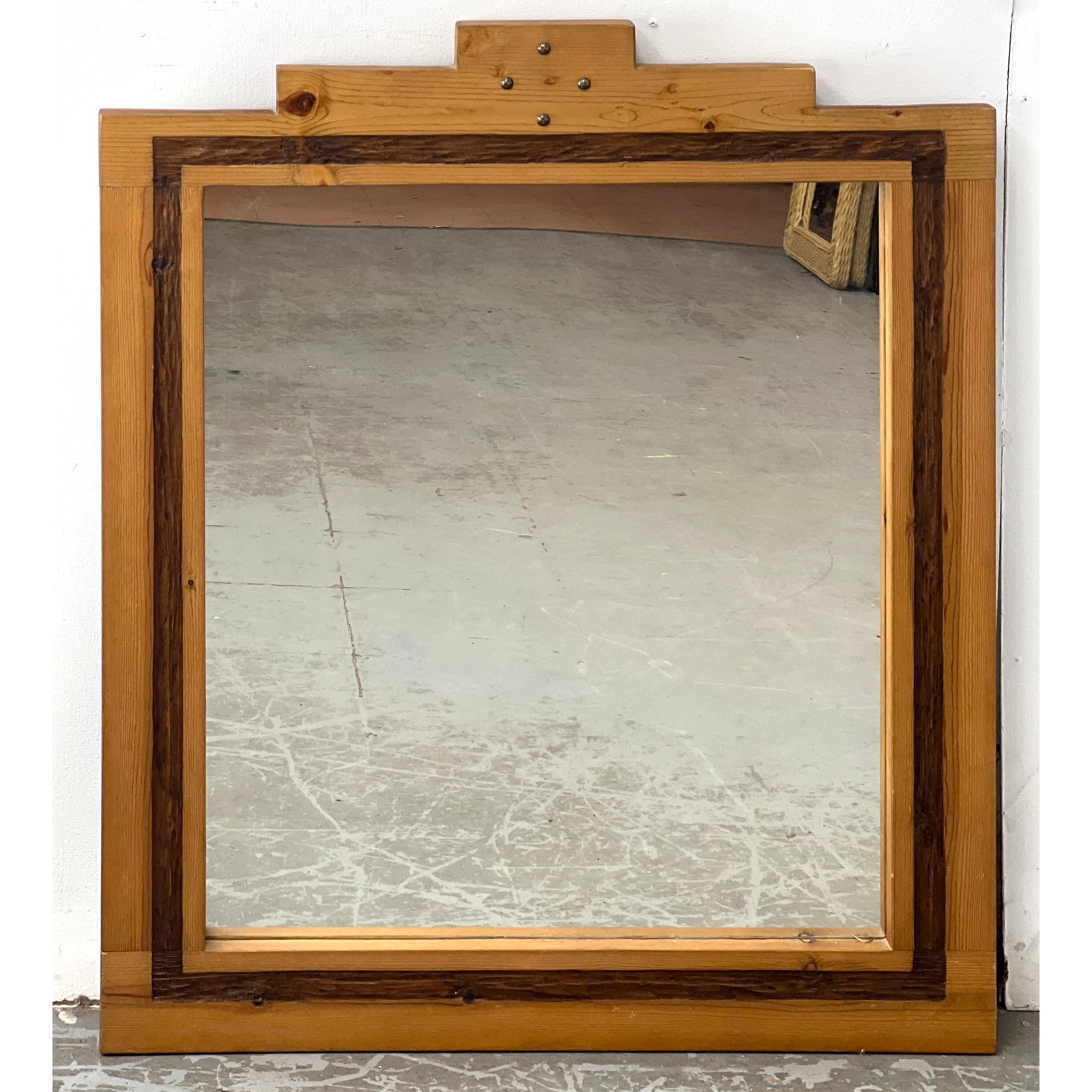 Pine Southwestern Framed Wall Mirror. Artisan. Two Tone Mirror has Dark Wood Trim and Stepped Pedime (1 of 9)