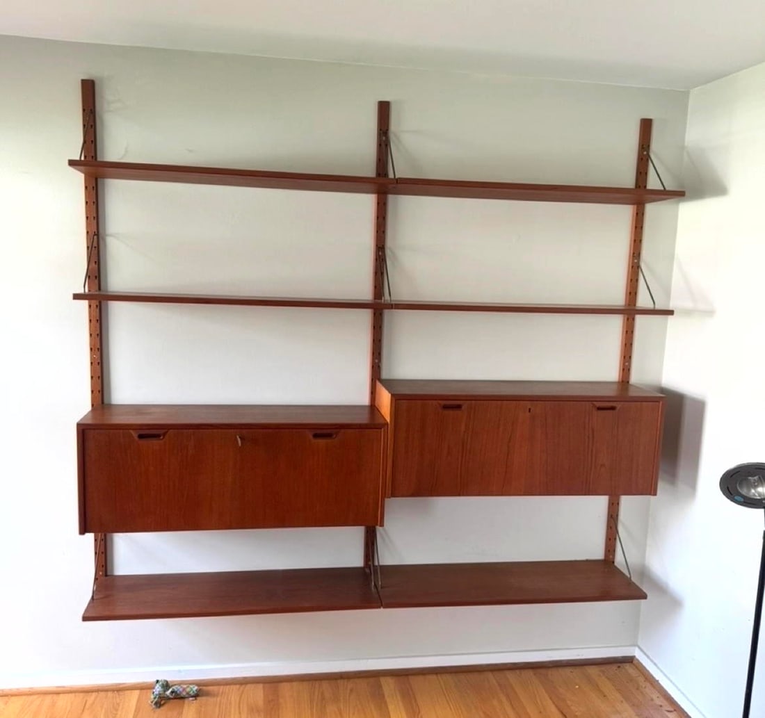 Danish Modern Teak Modular Wall Mount Shelving Cabinets. 6 Shelves, 3 Uprights and 2 Cabinets.: Danish Modern Teak Modular Wall Mount Shelving Cabinets. 6 Shelves, 3 Uprights and 2 Cabinets. Dimensions: Height: 72.5 inches, Width: 78.5 inches, Depth: 12 inches. ---