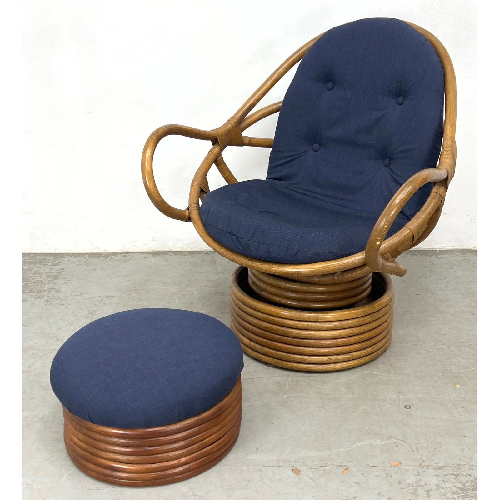 Bentwood Rattan Lounge Chair and Ottoman.: Bentwood Rattan Lounge Chair and Ottoman. Dimensions: Height: 41 inches, Width: 34.5 inches, Depth: 35 inches. - Seat Height: 18 inches - Additional Dimensions: Ottoman H: 9.5 inches, W: 19 inches,