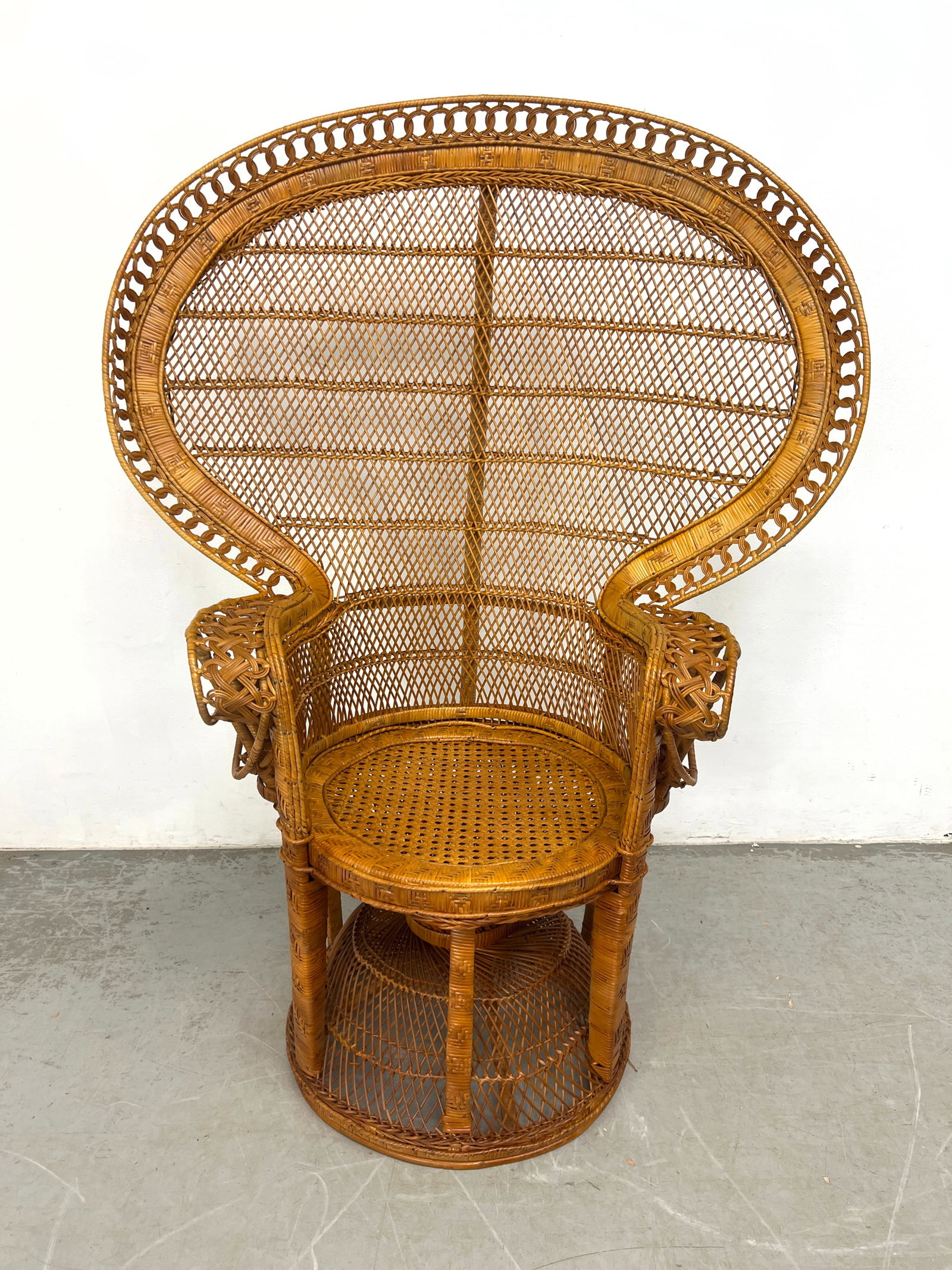 Vintage Rattan and Wicker Peacock Chair.: Vintage Rattan and Wicker Peacock Chair. Dimensions: Height: 58 inches, Width: 44.5 inches, Depth: 22 inches. - Seat Height: 18 inches ---