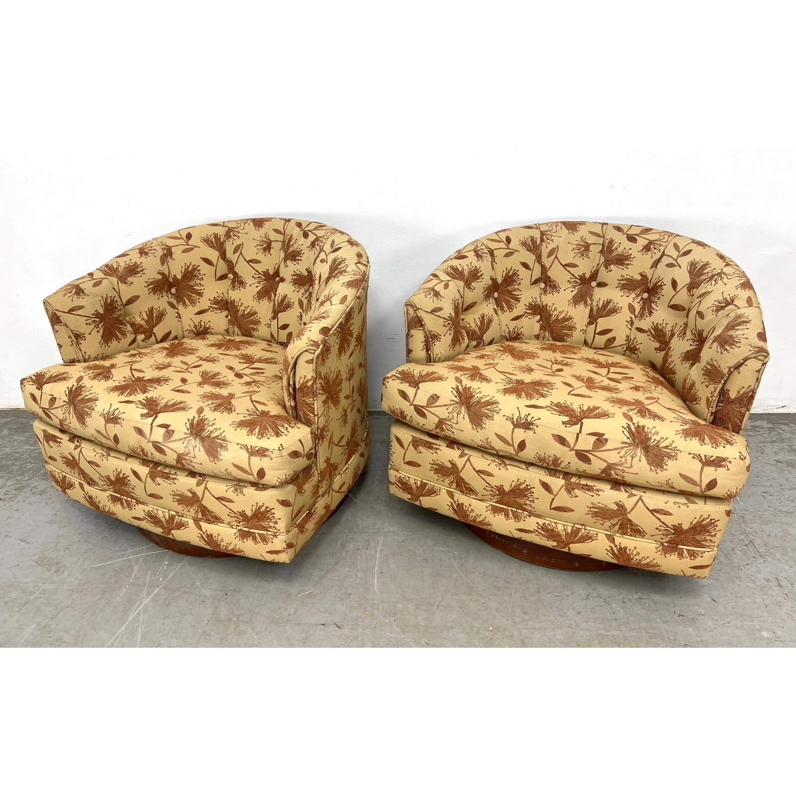 Pair Selig Attributed Barrel Lounge Chairs. Swivel. Unmarked. (1 of 8)