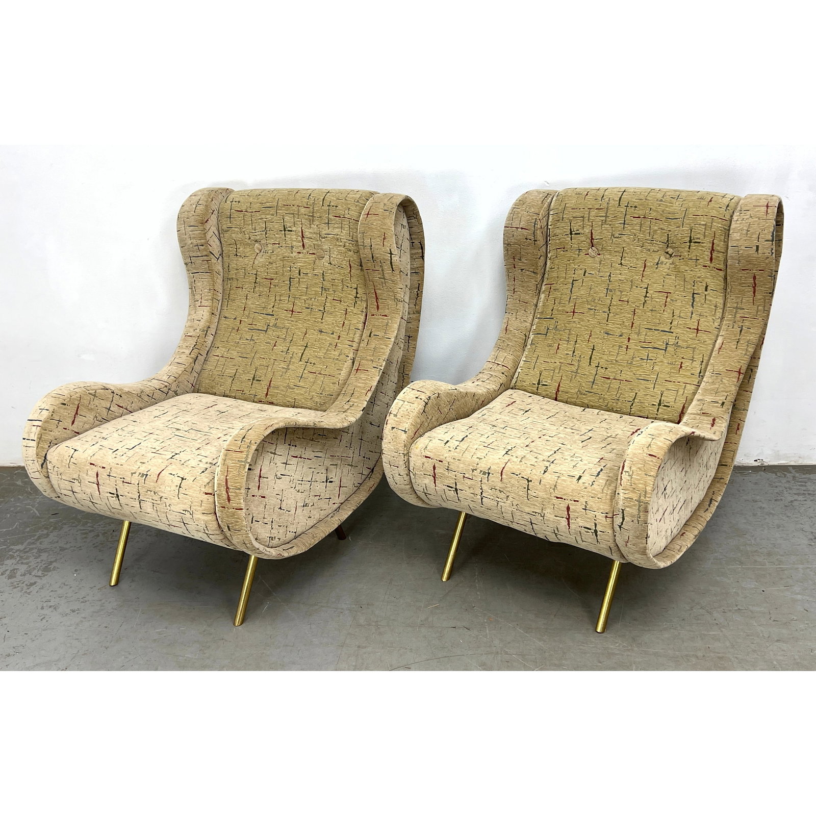 Pair of Marco Zanuso Style Italian Mid Century Lounge Chairs with Brass Angled Peg Legs (1 of 10)