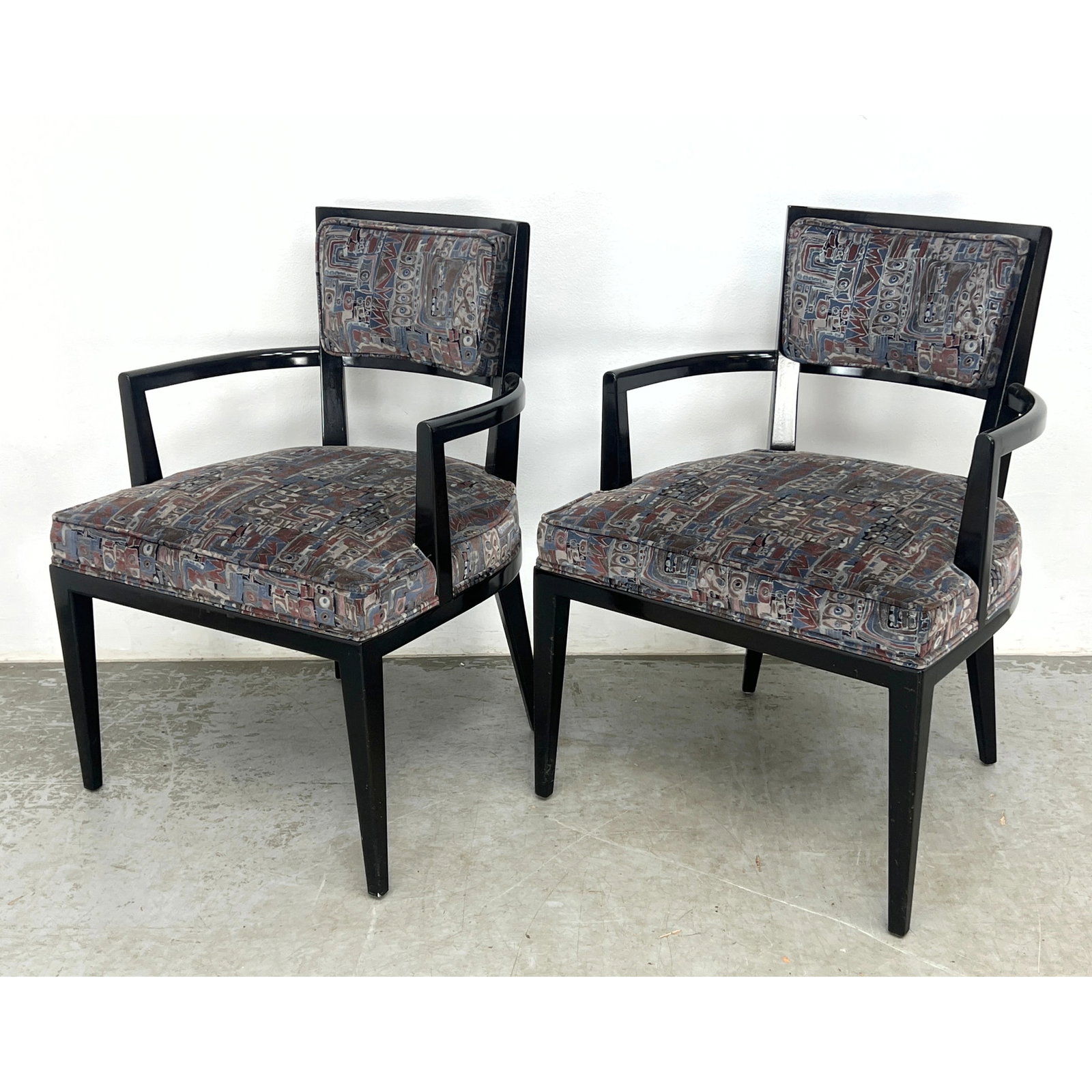 Art Deco revival style Black Lacquer Lounge Arm Chairs.: Art Deco revival style Black Lacquer Lounge Arm Chairs. Dimensions: Height: 32 inches, Width: 23 inches, Depth: 23 inches. - Seat Height: 17 inches ---